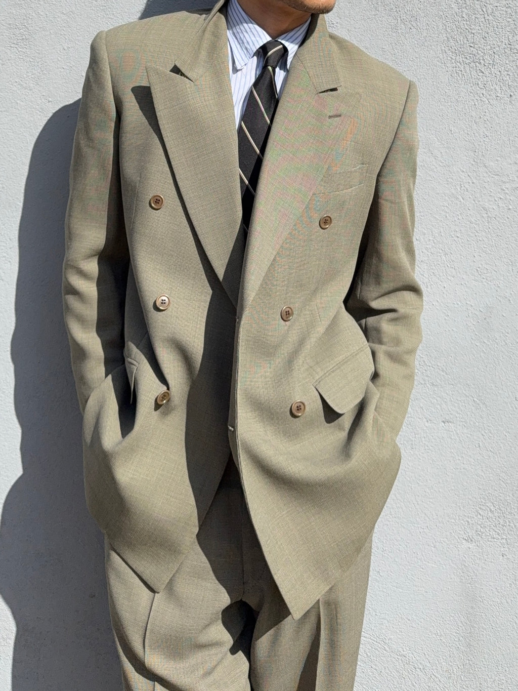 Valentino 1980s 6B Double Breasted Wool Power Suit in Taupe Olive - Size M Jacket / 32" Waist