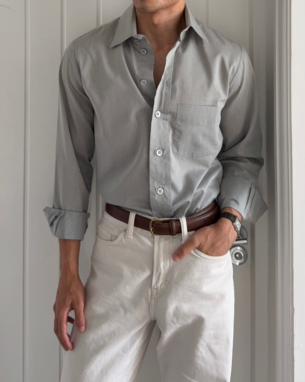 Armani 1990s Green Grey Cotton Shirt - Size M