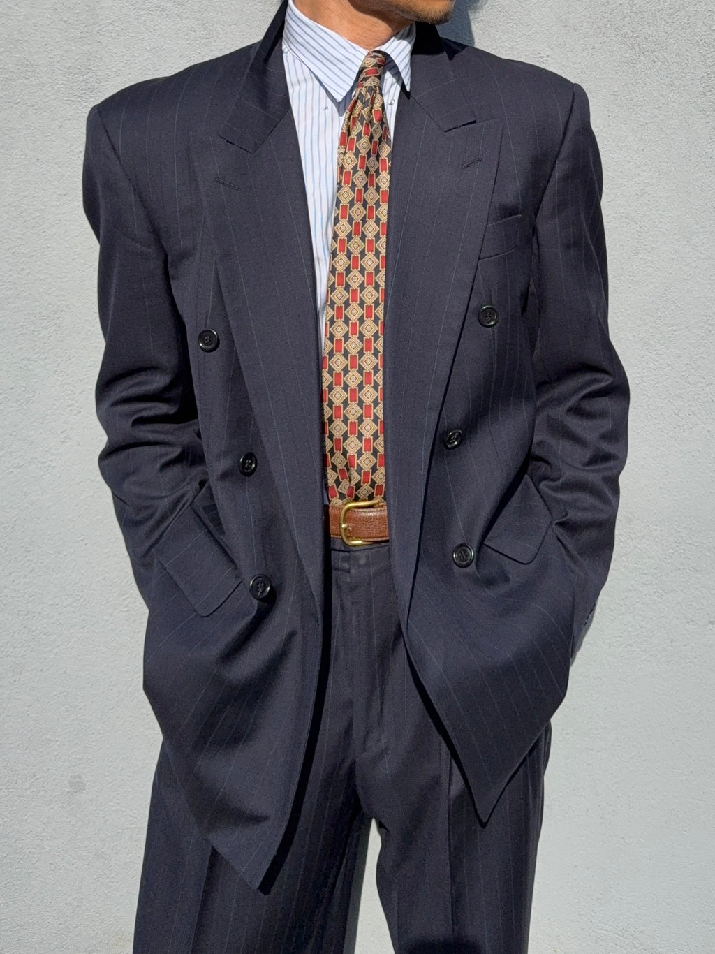 Hugo Boss 1980s 'Mitford' Peaked Lapel Double Breasted Pleated Wool Suit - Size M Jacket / 32" Waist