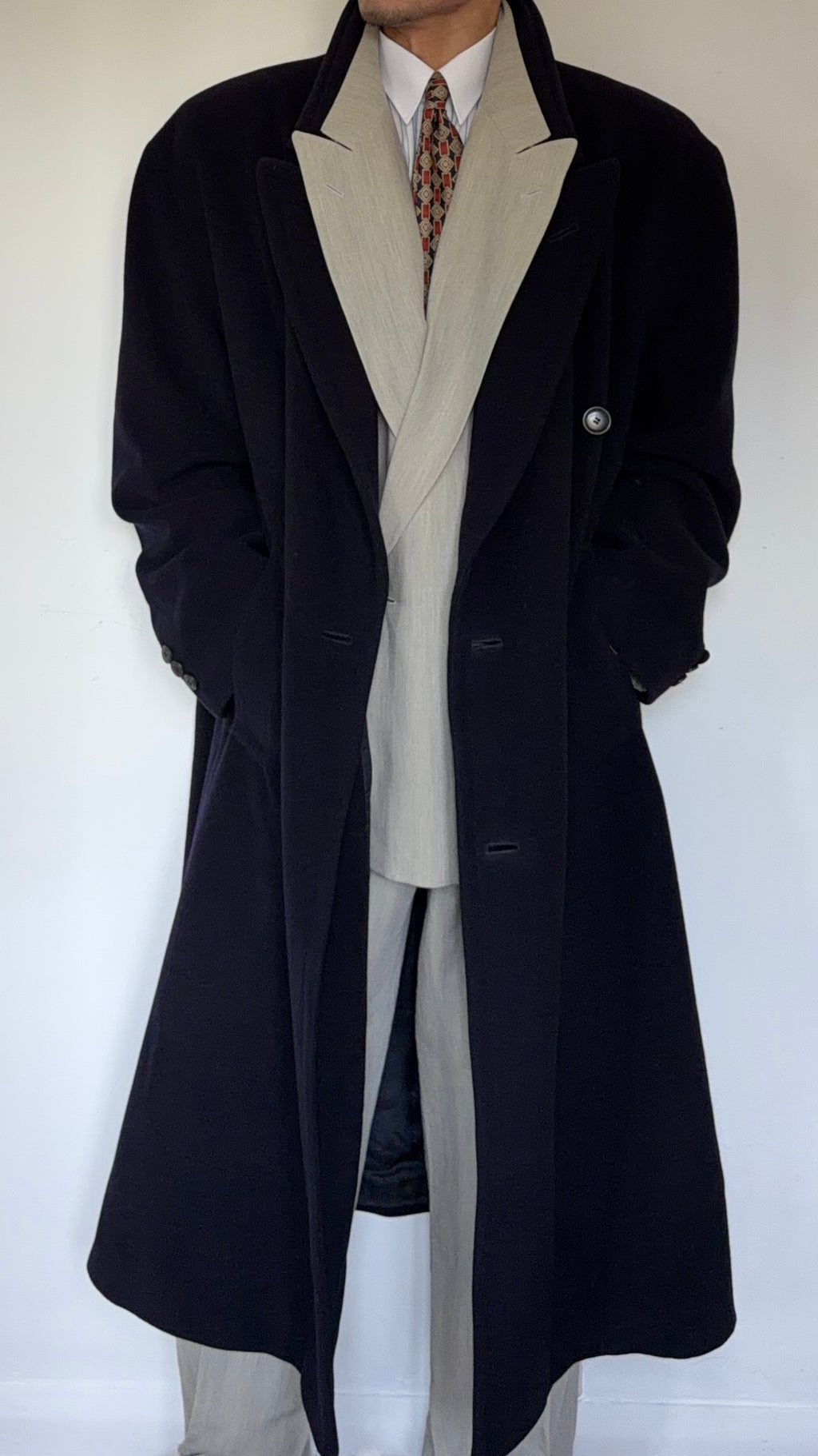 Hugo Boss 1980s 'Yamaha' Peaked Lapel Navy Wool Overcoat - Size XXL