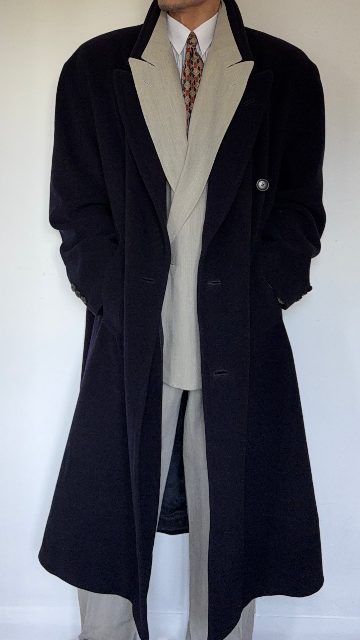 Hugo Boss 1980s 'Yamaha' Peaked Lapel Navy Wool Overcoat - Size XXL