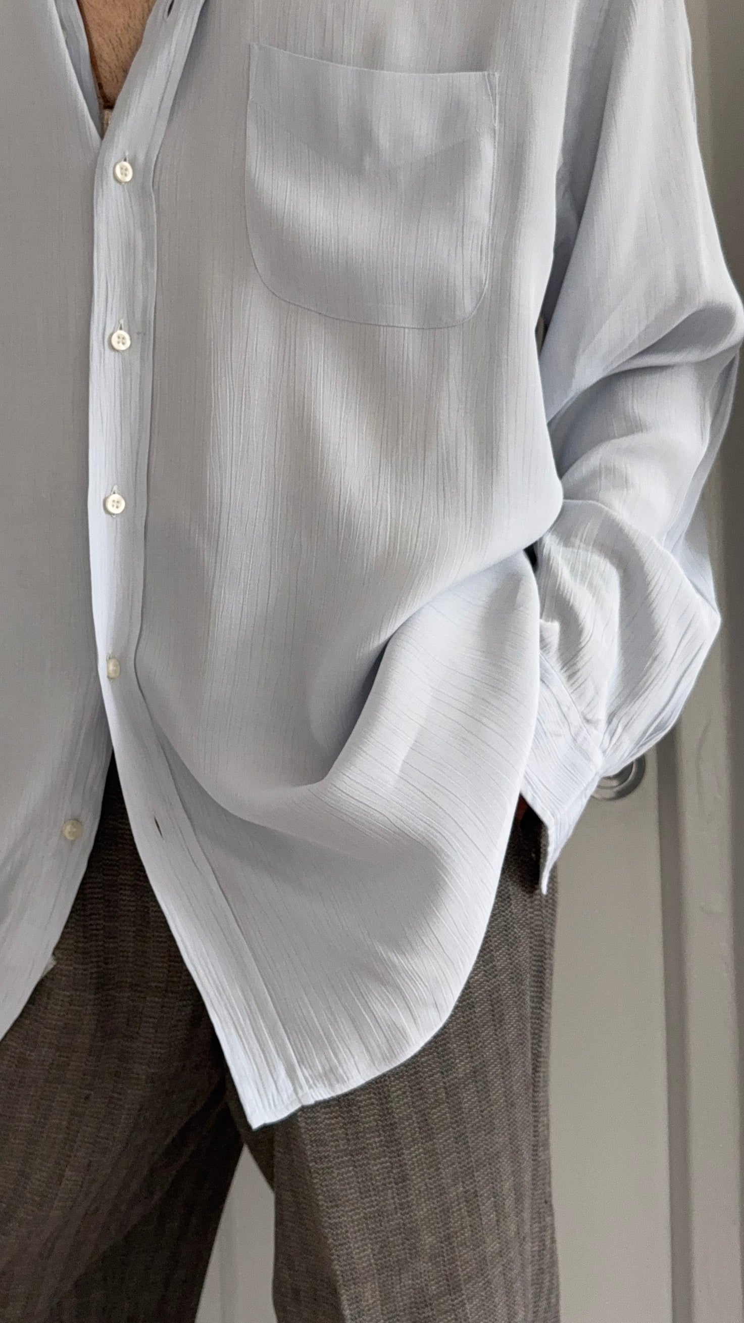 Giorgio Armani 1980s Chiffon Pleated Relaxed Blue Shirt - Size XL