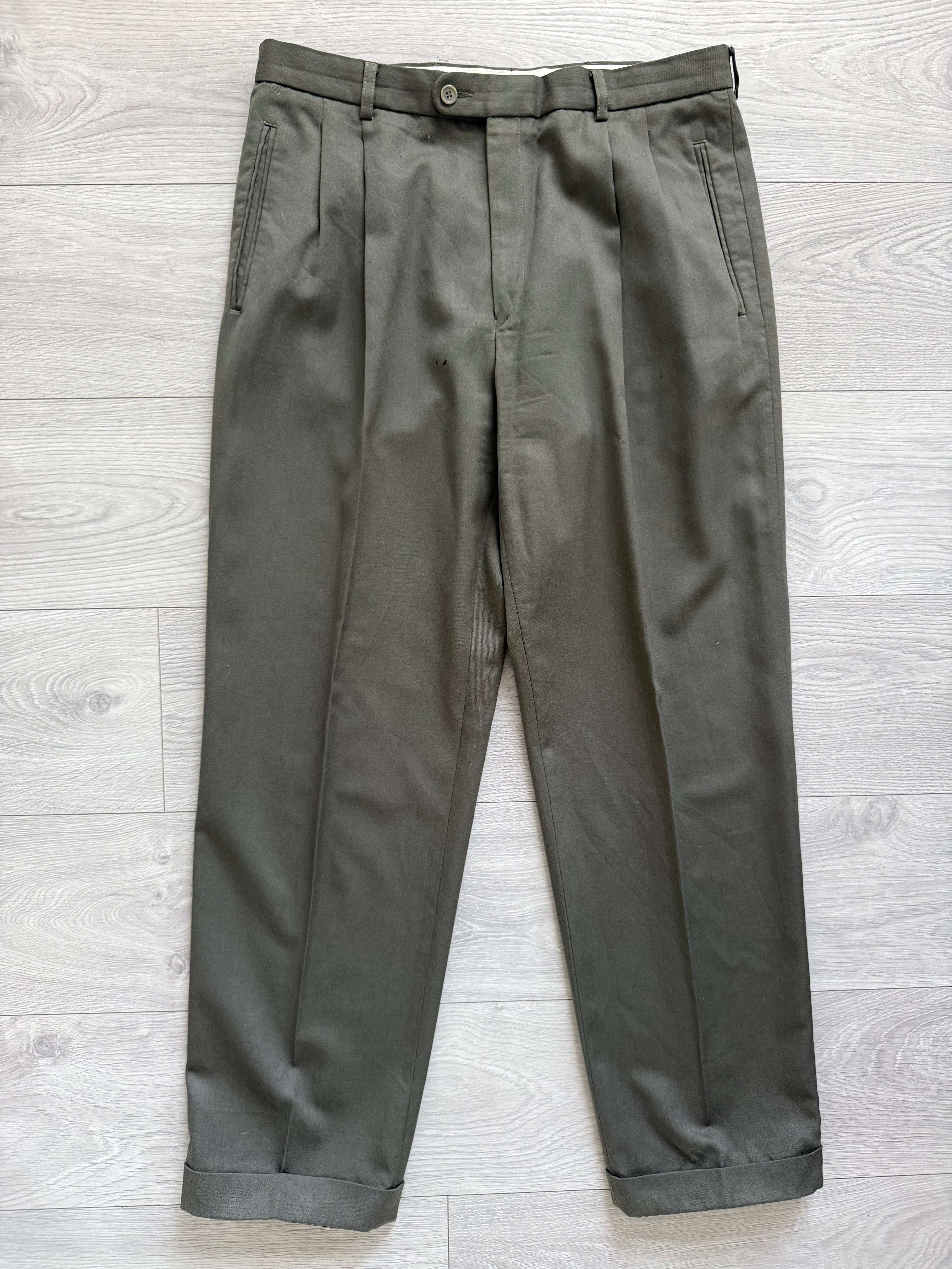 1980s Vintage Peaked Lapel Double Breasted Pleated Pure New Wool Olive Green Suit - Size XL Jacket / 34" Waist