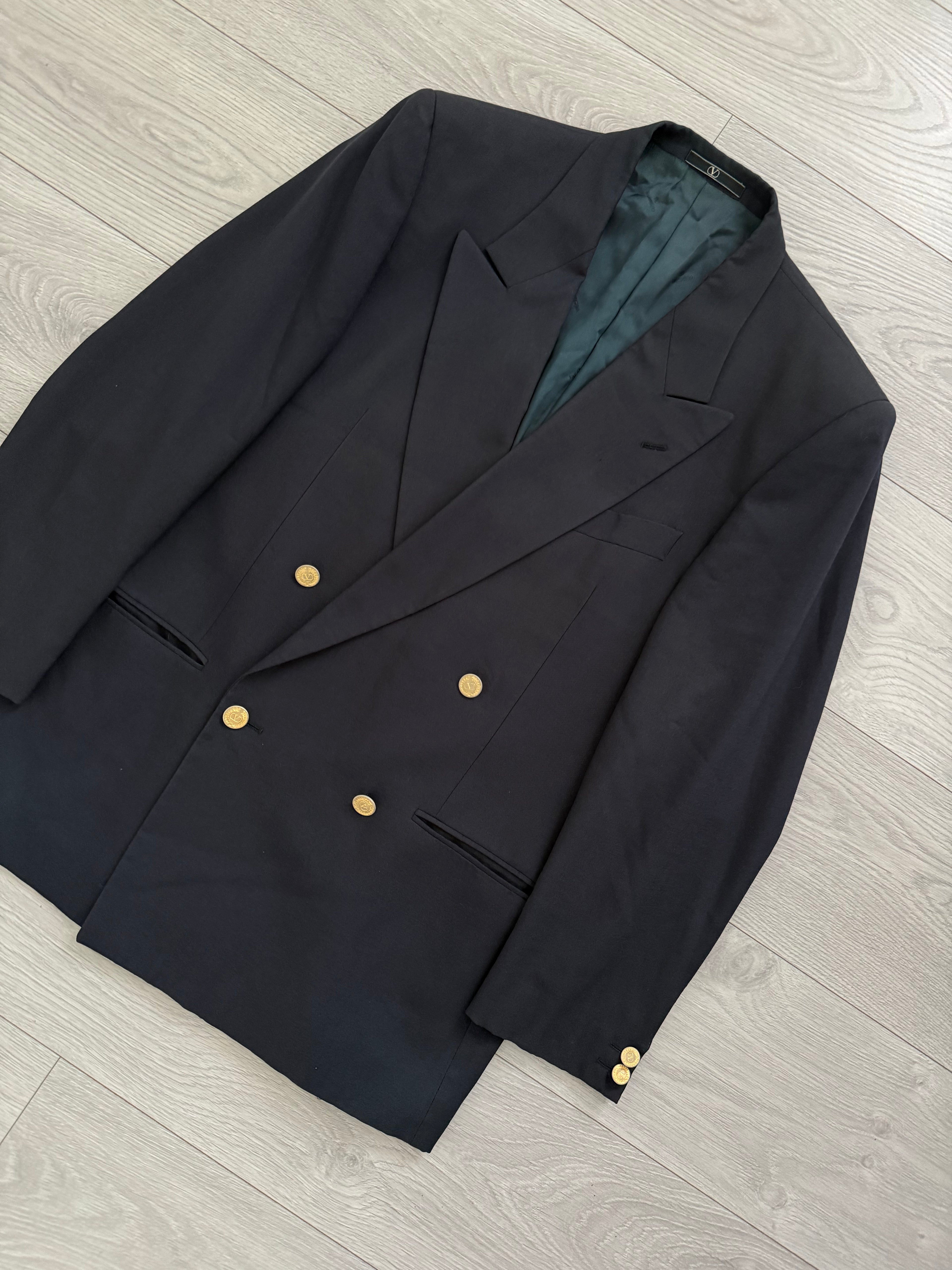 Valentino 1980s Peaked Lapel Double Breasted Metal Button Wool Jacket Navy  - Size S