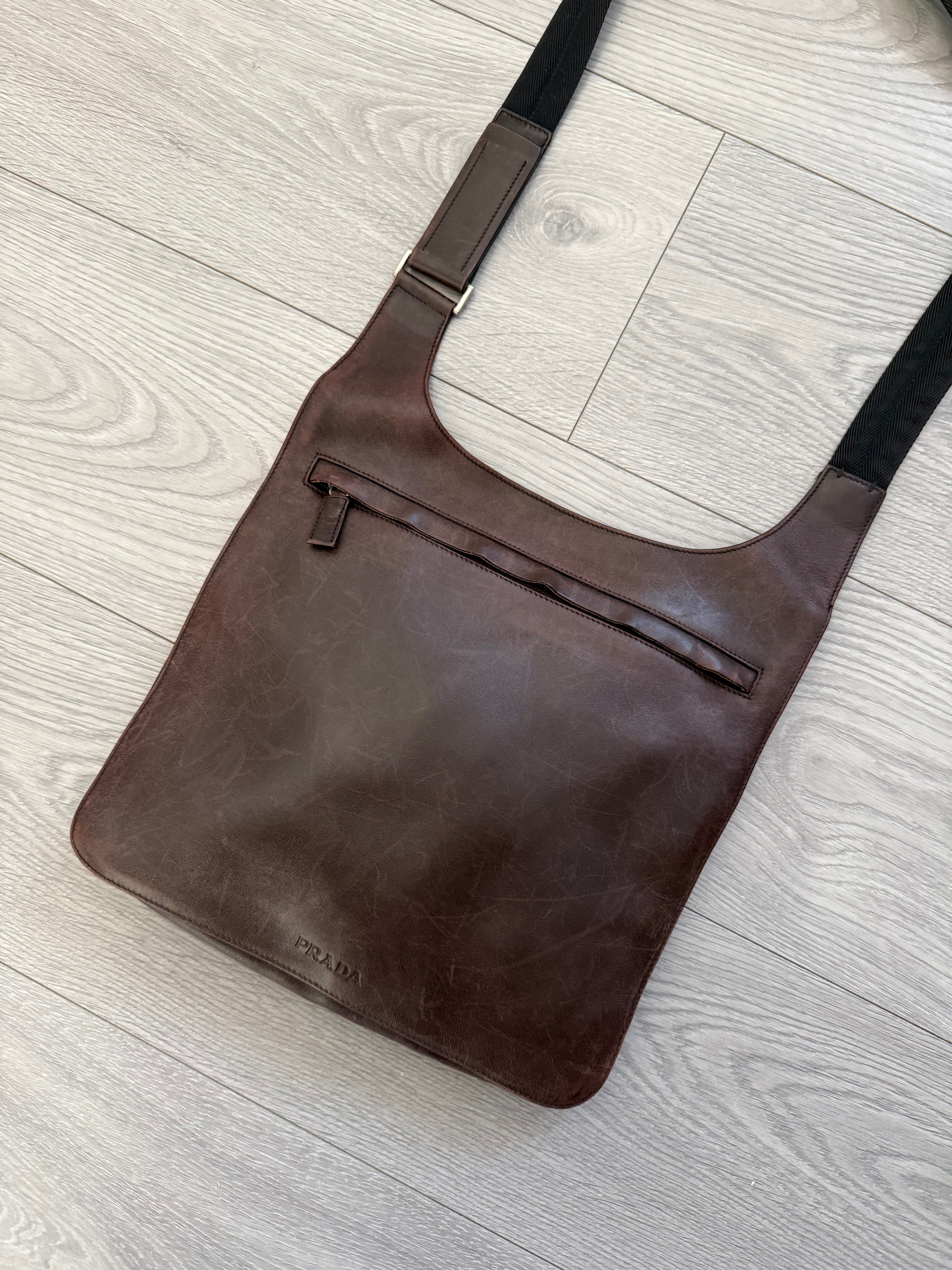 Prada Mainline 1990s Tobacco Brown Aged Leather Crossbody Bag