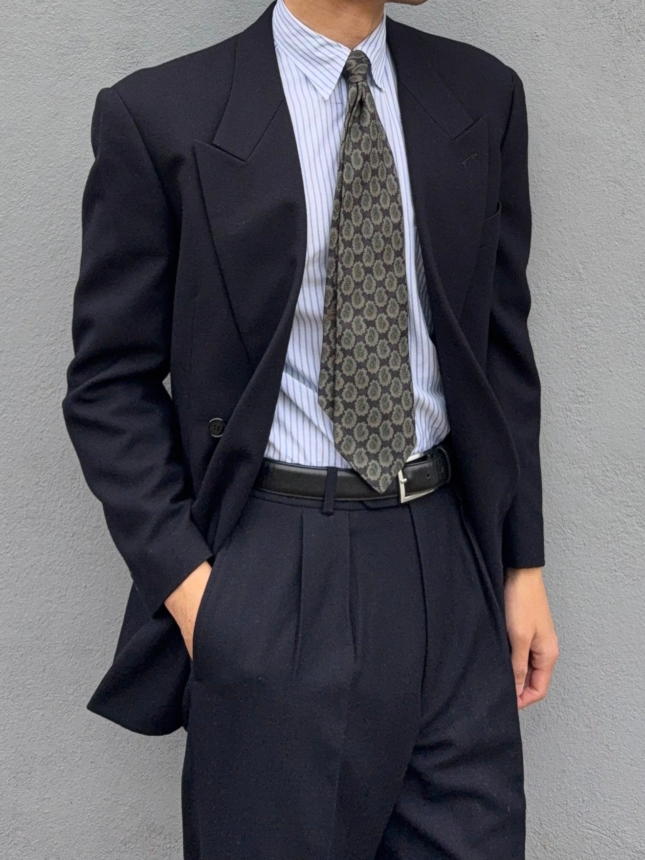 Emporio Armani 1980s Double Breasted Pleated Felt Wool Dark Navy Suit - Size S Jacket / 30" Waist