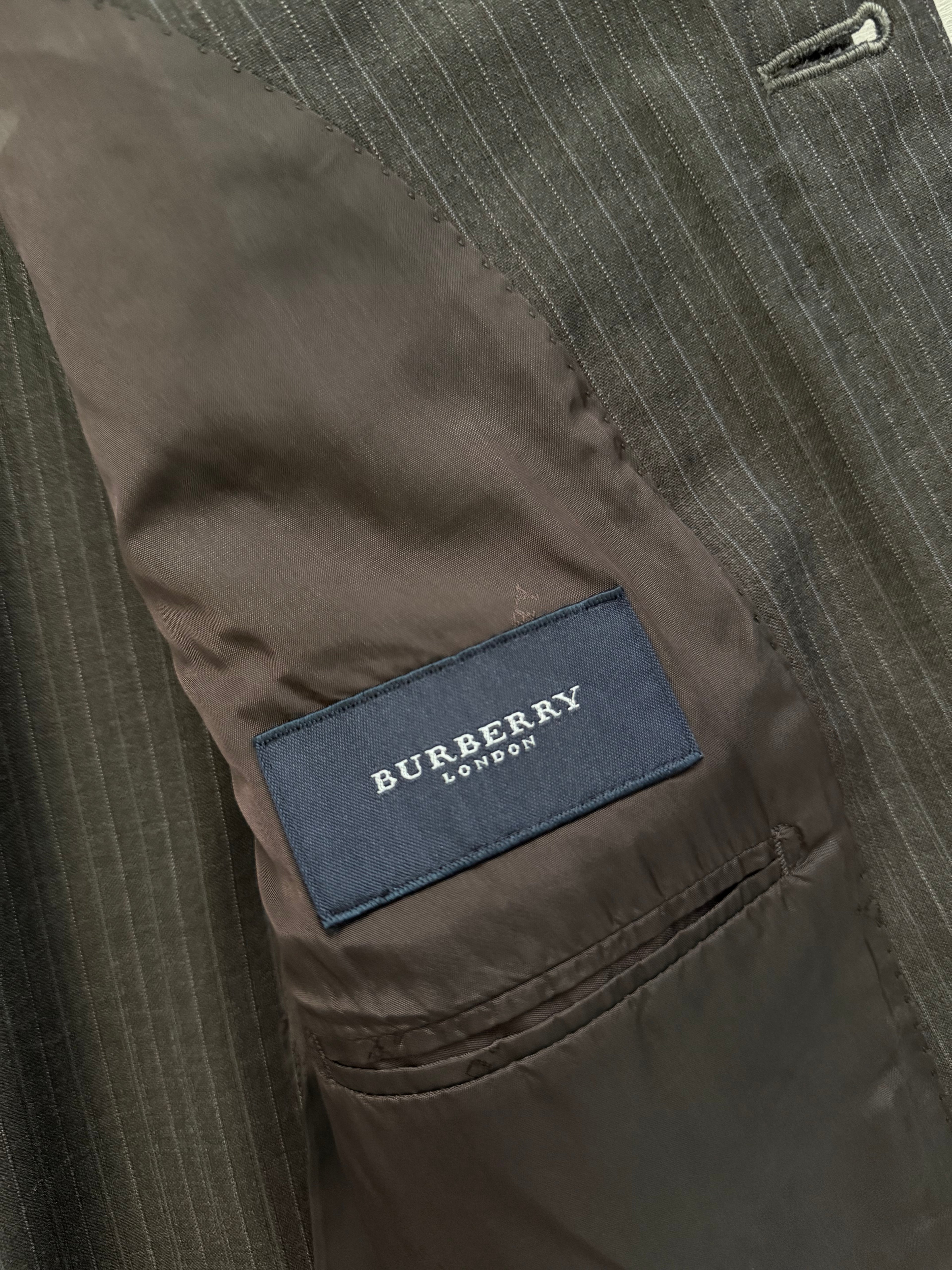 Burberry 1990s 2B Striped Wool Double-Pleat Espresso Grey Suit - Size M Jacket / 33" Waist