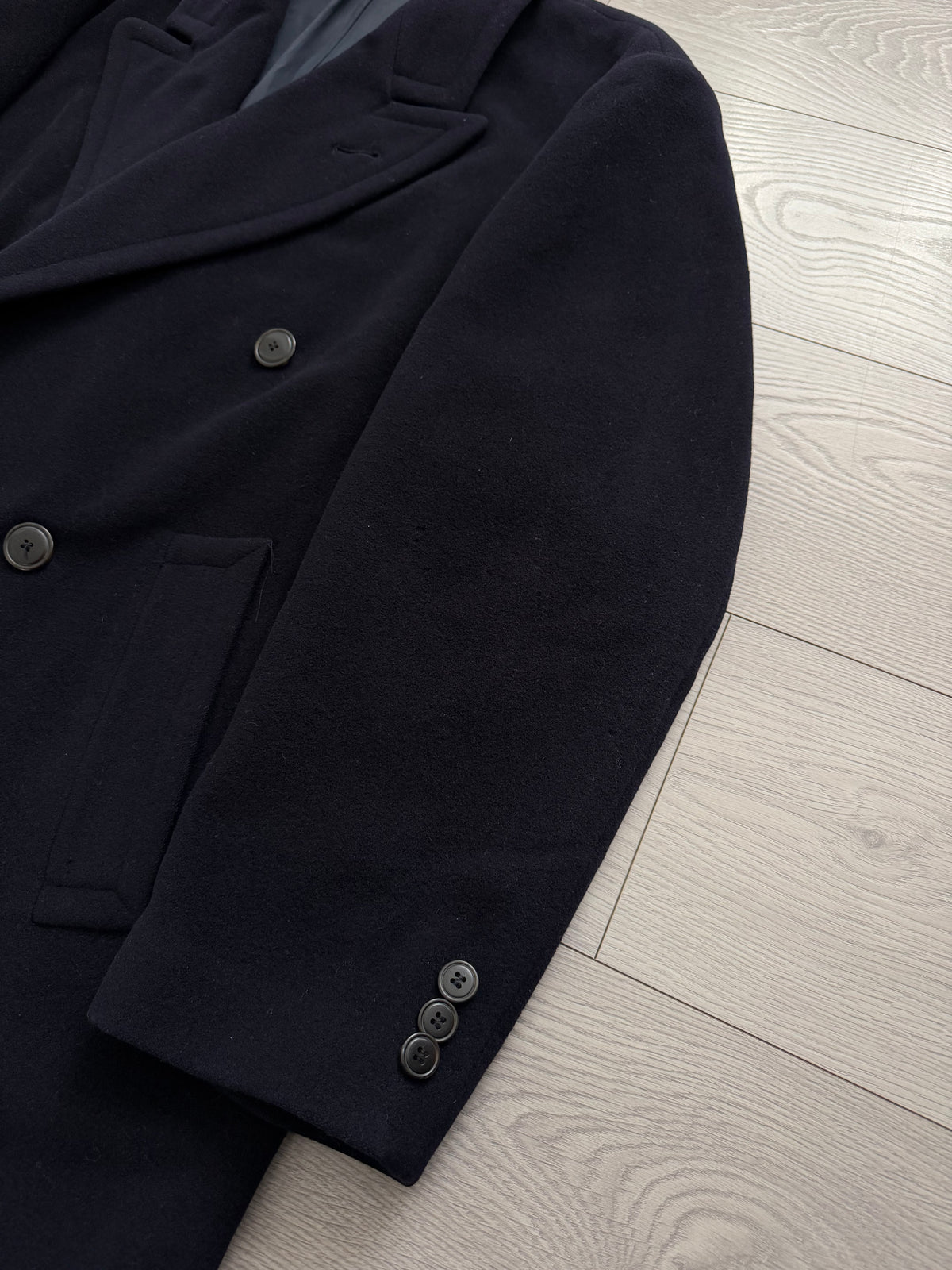 Hugo Boss 1980s 'Yamaha' Peaked Lapel Navy Wool Overcoat - Size XXL