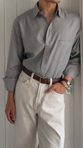 Armani 1990s Herringbone Grey Cotton Shirt - Size L