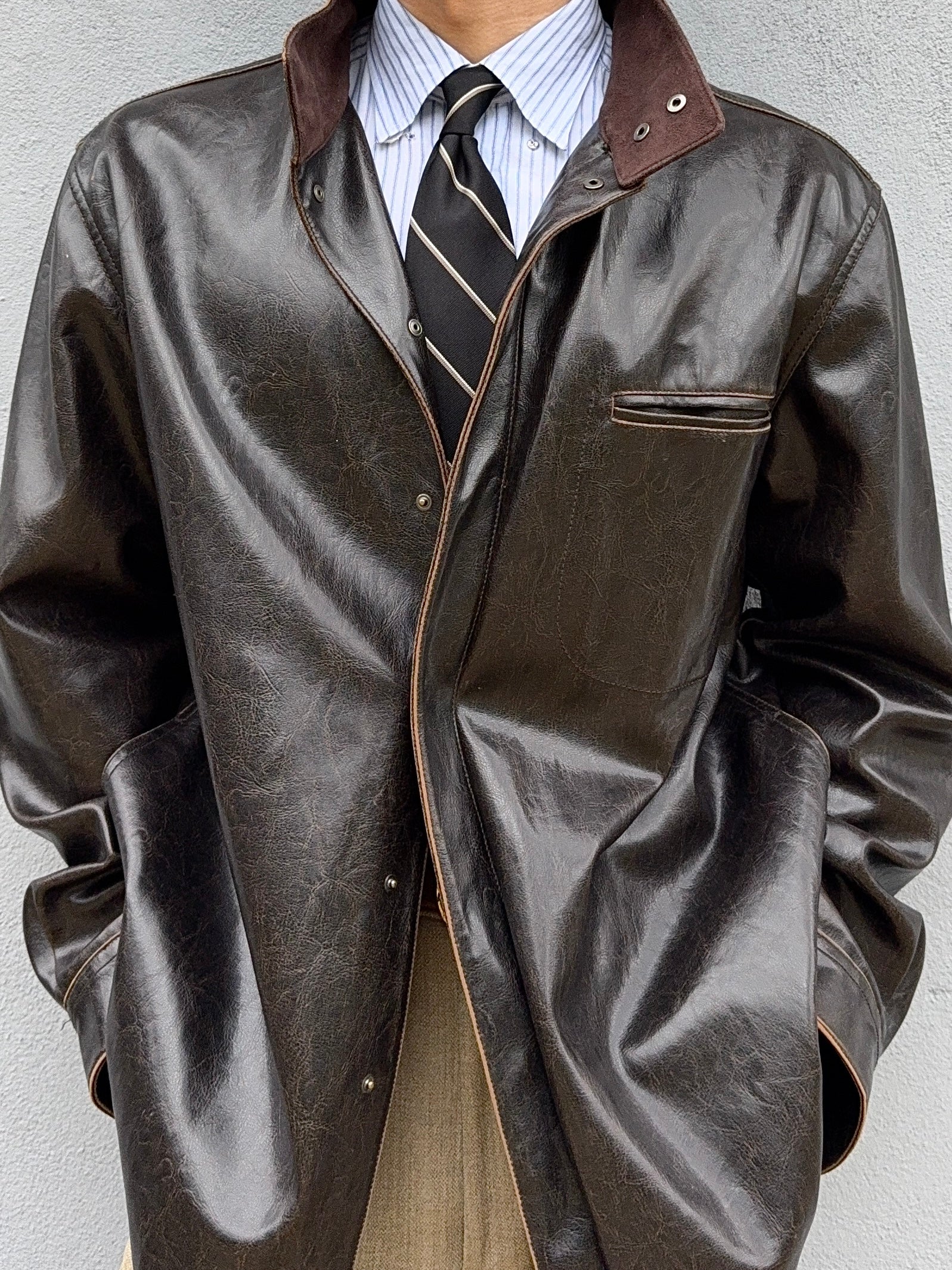 Armani 2004 Aged Leather Effect Snap-Front Jacket - Size XL