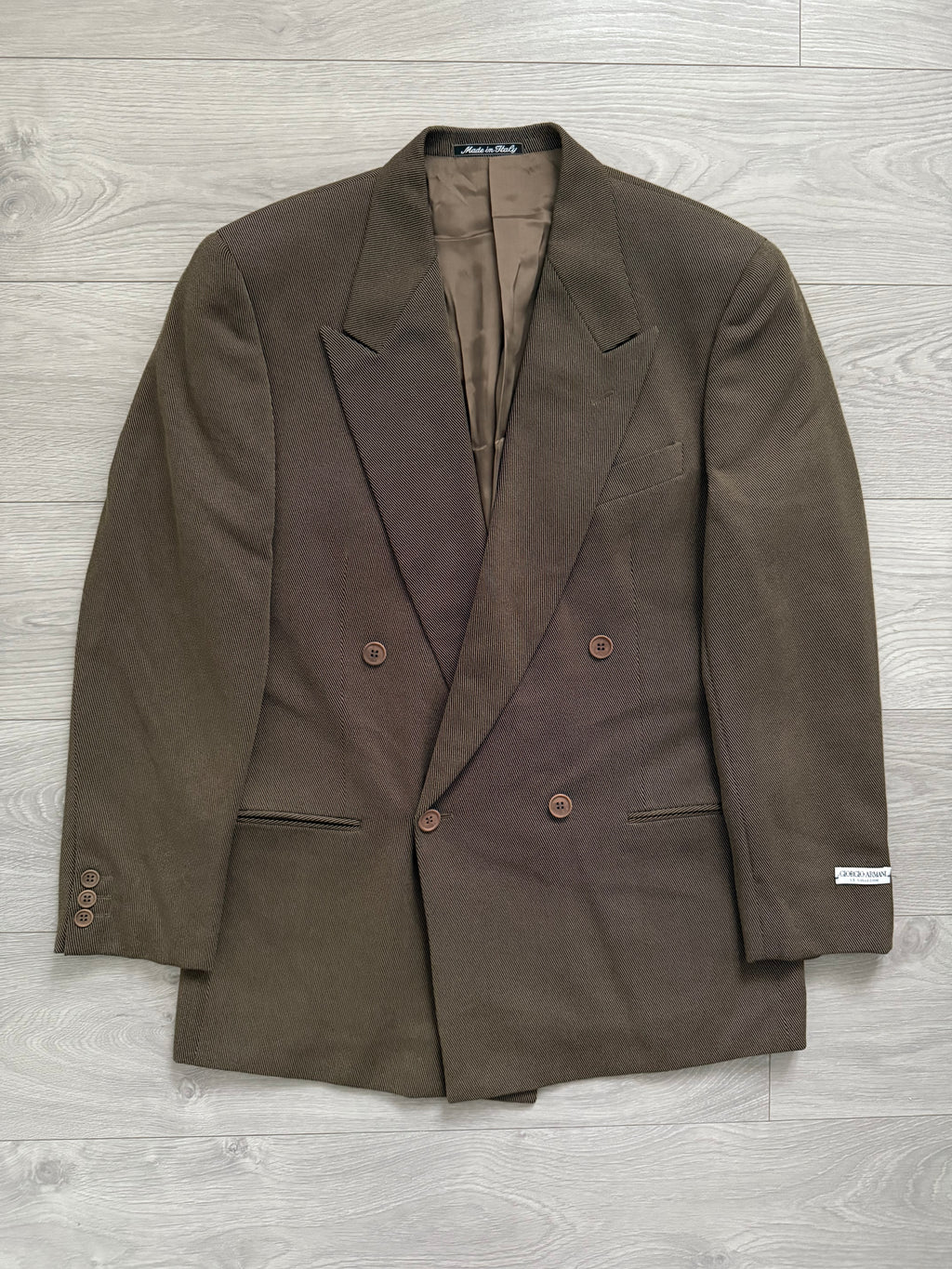 Giorgio Armani 1980s Double Breasted Pleated Wool Suit Taupe Brown New - Size L Jacket / 32" Waist