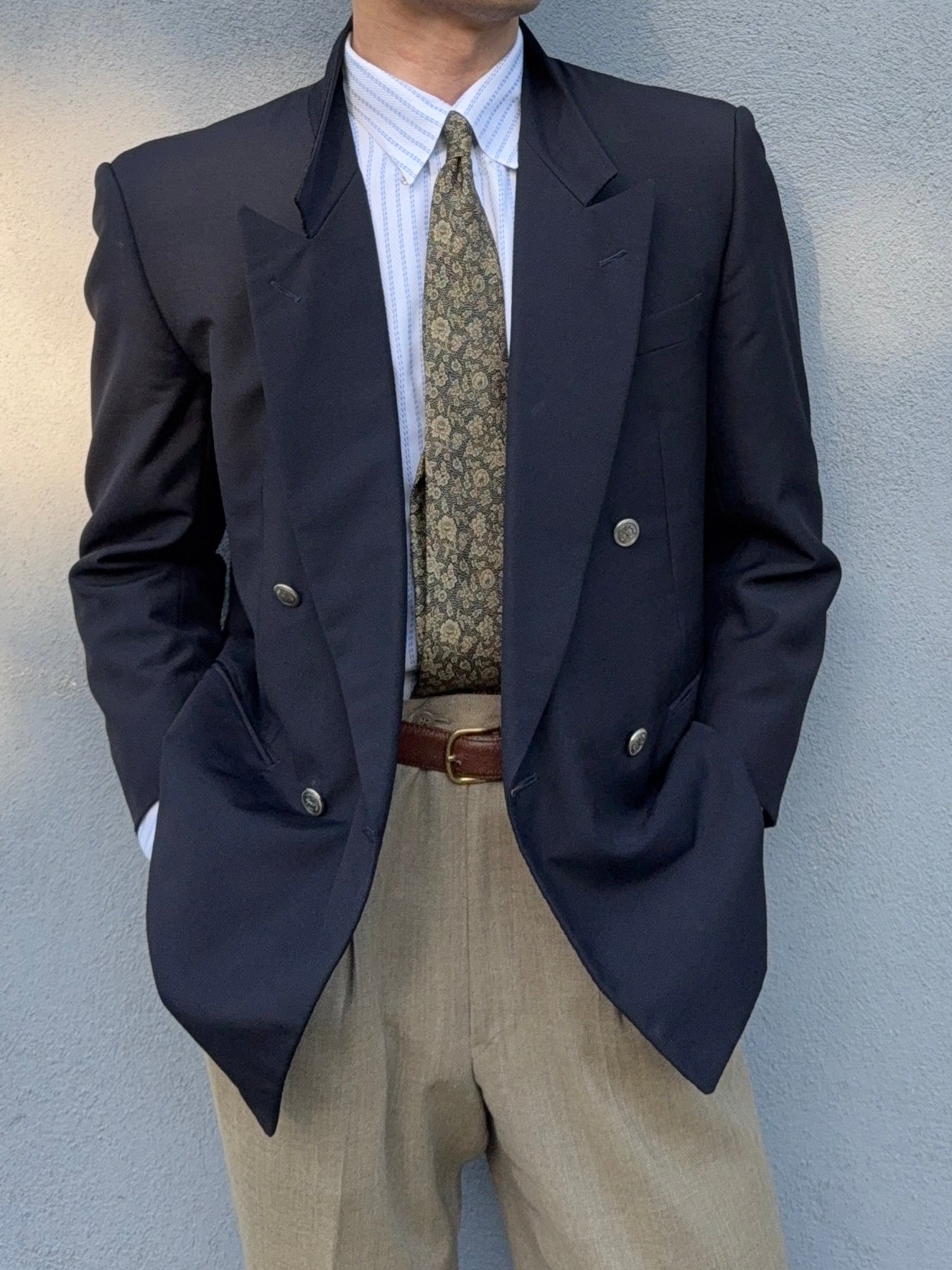 Yves Saint Laurent 1980s Metal Button Double Breasted Peaked Lapel Wool Blazer Jacket Navy - Size S