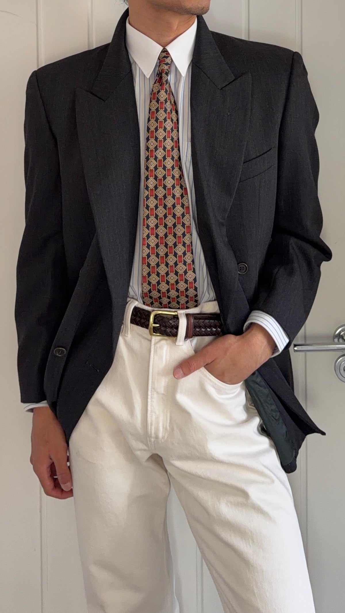 Valentino 1980s Peaked Lapel Double Breasted Wool Herringbone Grey Sport Jacket Blazer - Size L