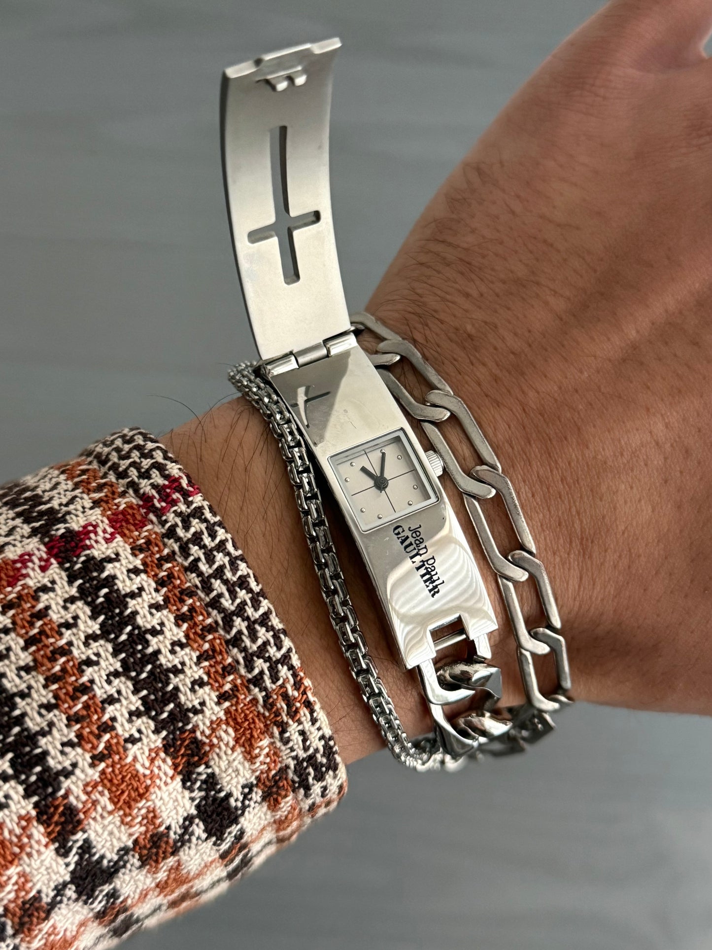 Jean Paul Gaultier Laser-Cut Cross Motif Stainless Steel Concealed Watch Bracelet