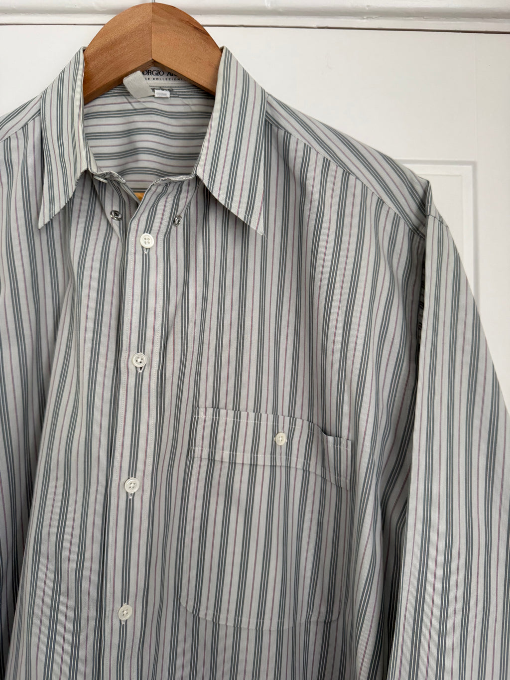 Giorgio Armani 1980s Snap Collar Chest Pocket Striped Cotton Shirt - Size XL