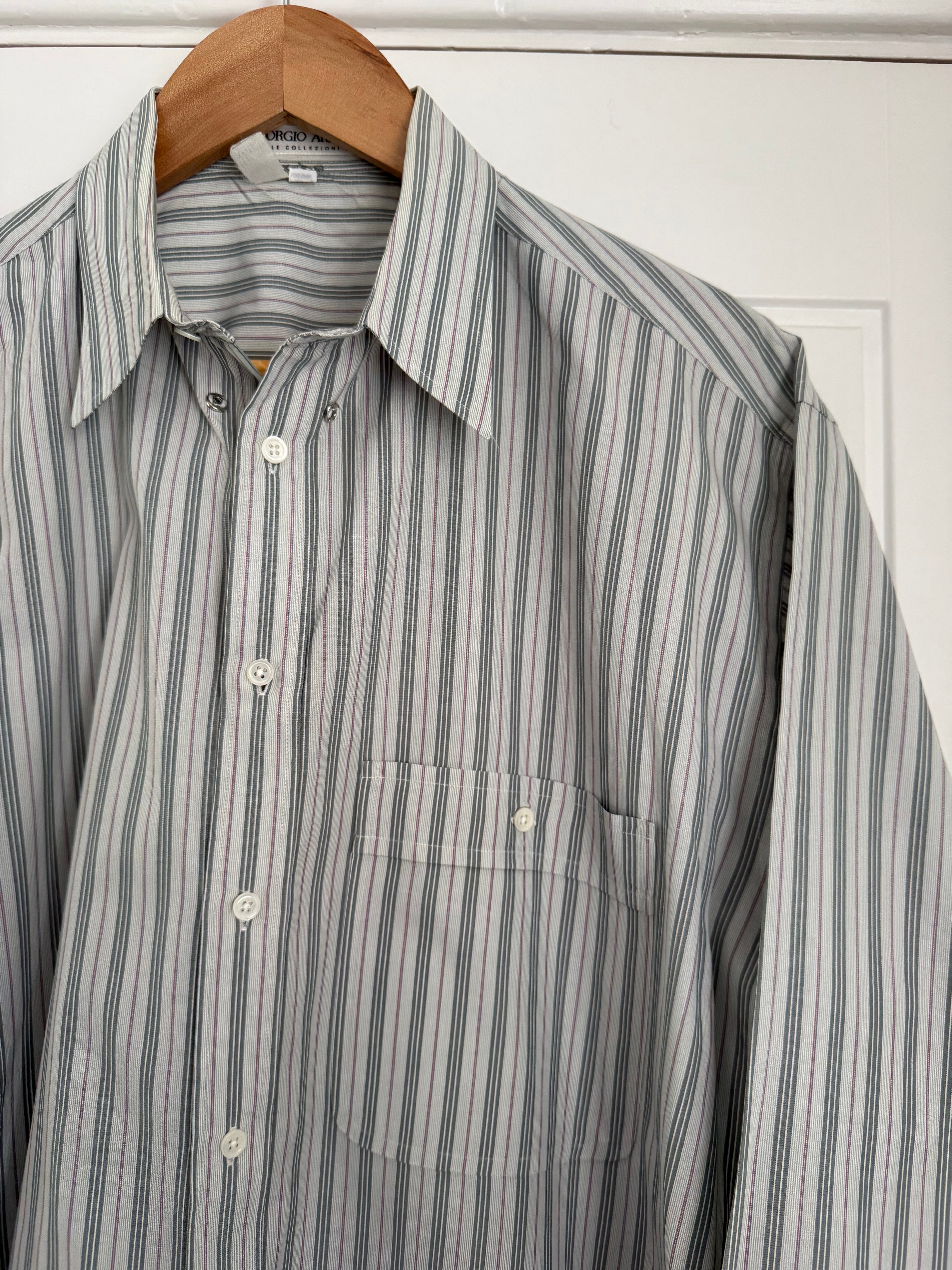 Giorgio Armani 1980s Snap Collar Chest Pocket Striped Cotton Shirt - Size XL