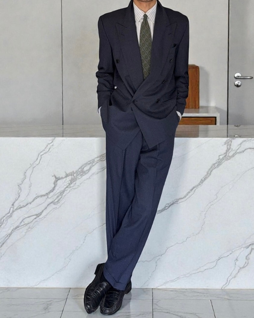 Hugo Boss 1980s 'Al Capone' Double Breasted Pleated Blue Wool Suit - Size M Jacket / 30" Waist