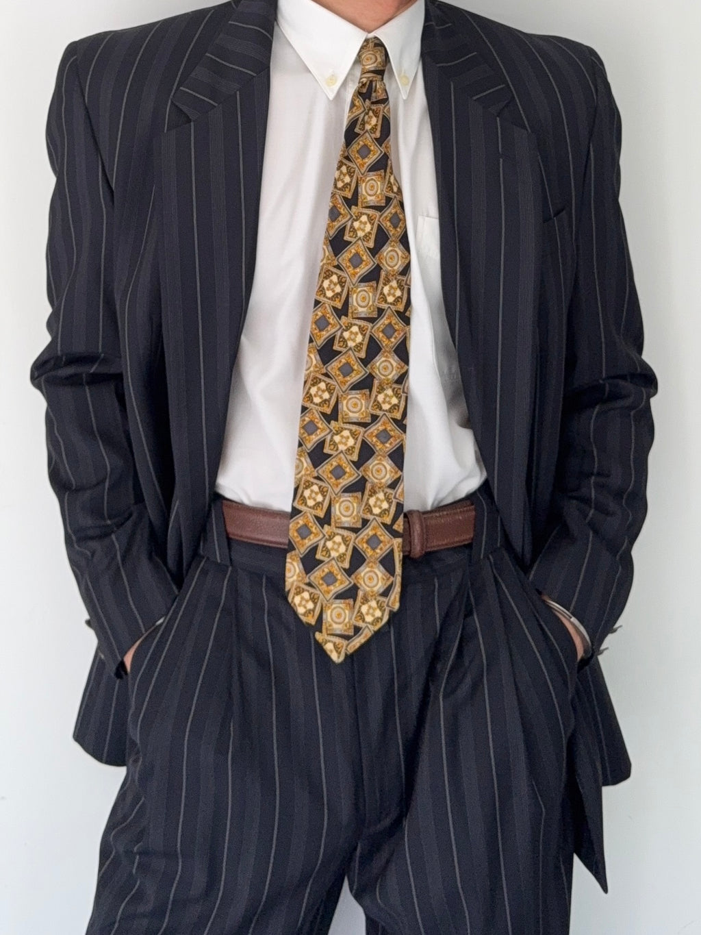 Versace 1980s Metal Button Notch Lapel Double Breasted Pleated Wool Striped Suit - Size S Jacket / 29" Waist