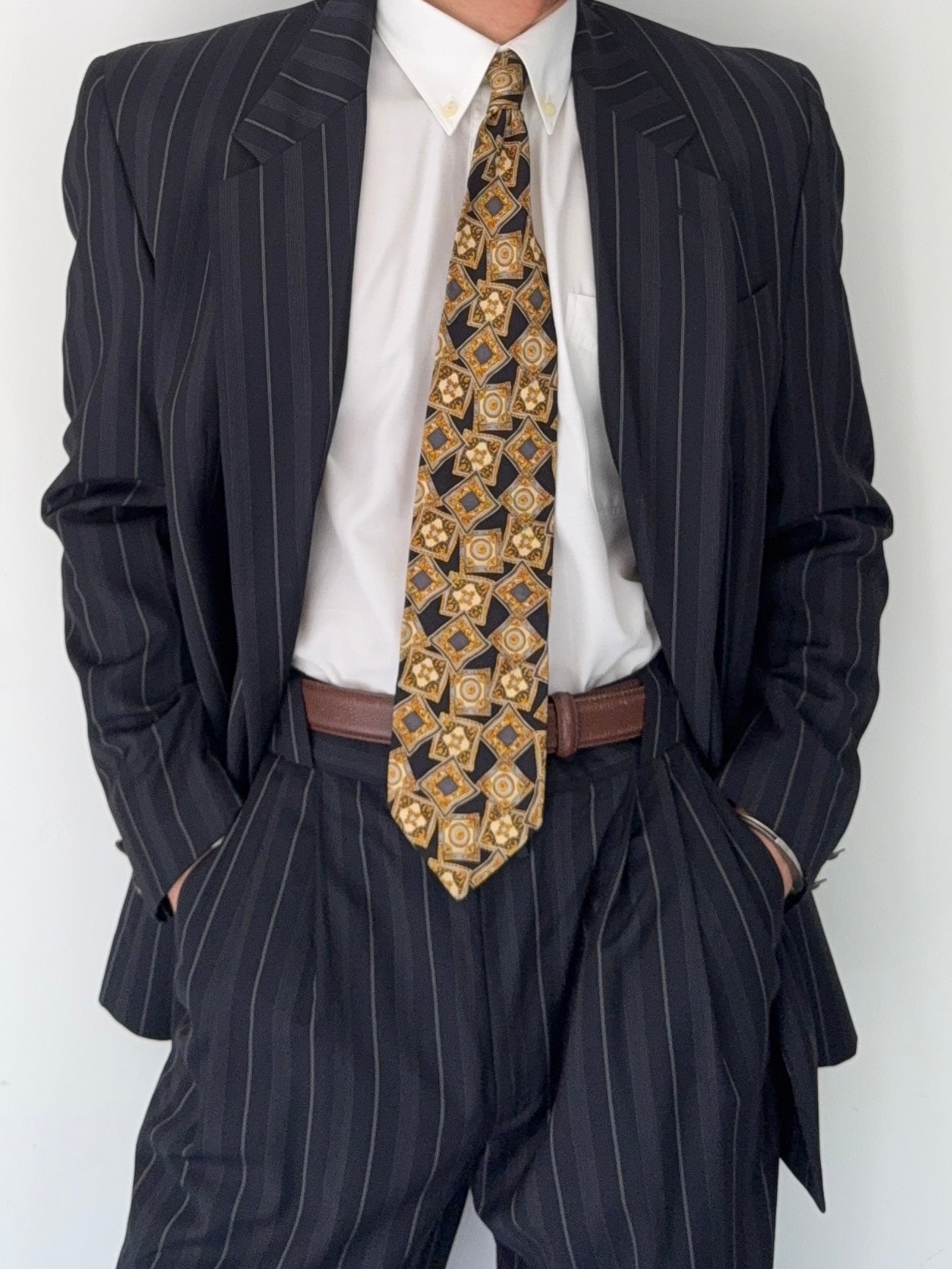 Versace 1980s Metal Button Notch Lapel Double Breasted Pleated Wool Striped Suit - Size S Jacket / 29" Waist