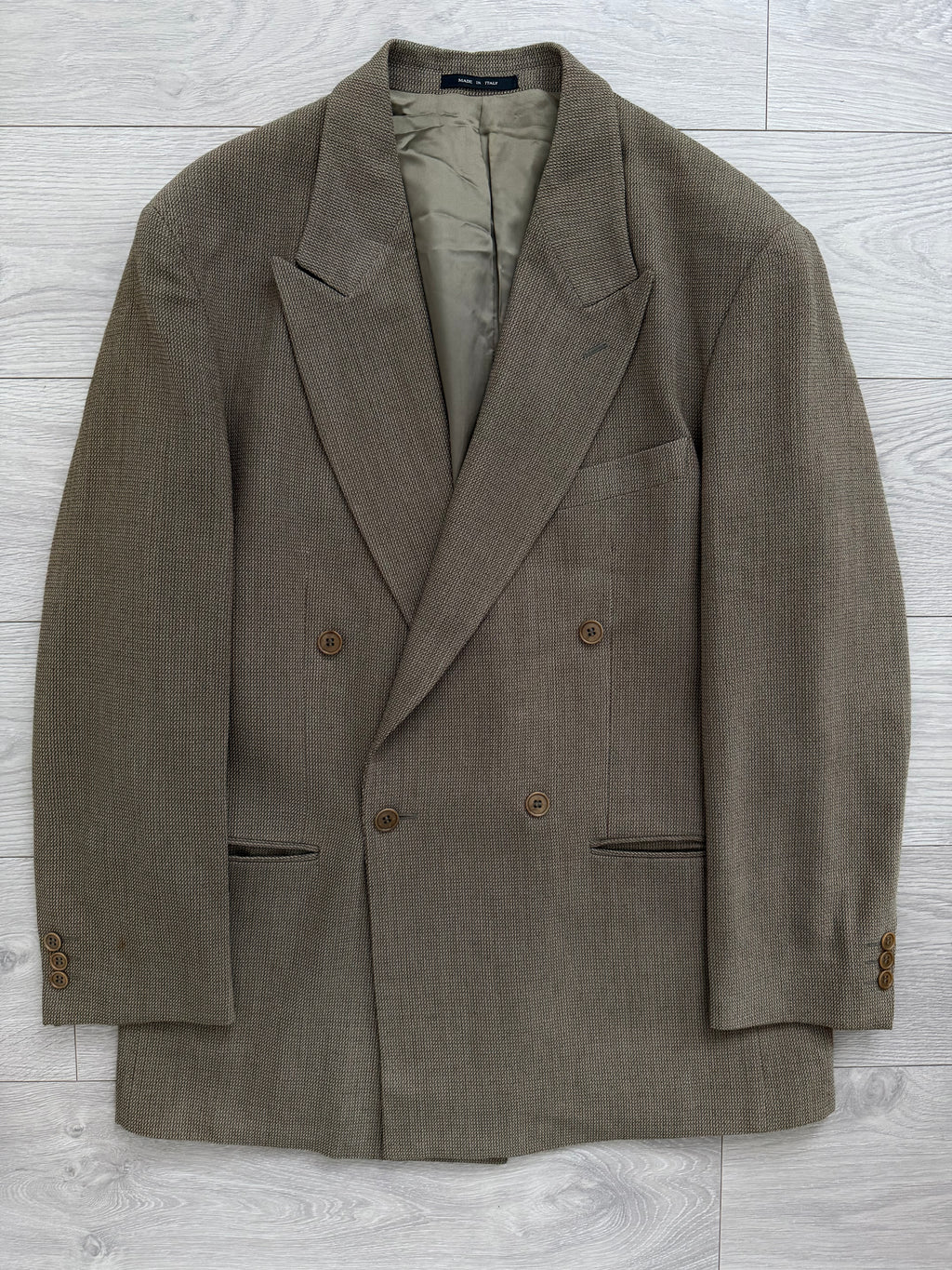 Emporio Armani 1990s Peaked Lapel Double Breasted Textured Weave Pleated Wool Suit - Size XL Jacket / 34" Waist