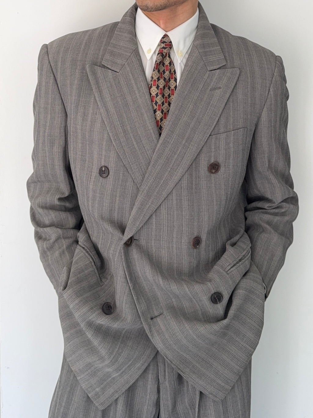 Basile 1980s Peaked Lapel Double Breasted Pleated Textured Wool Suit - Size M Jacket / 31" Waist