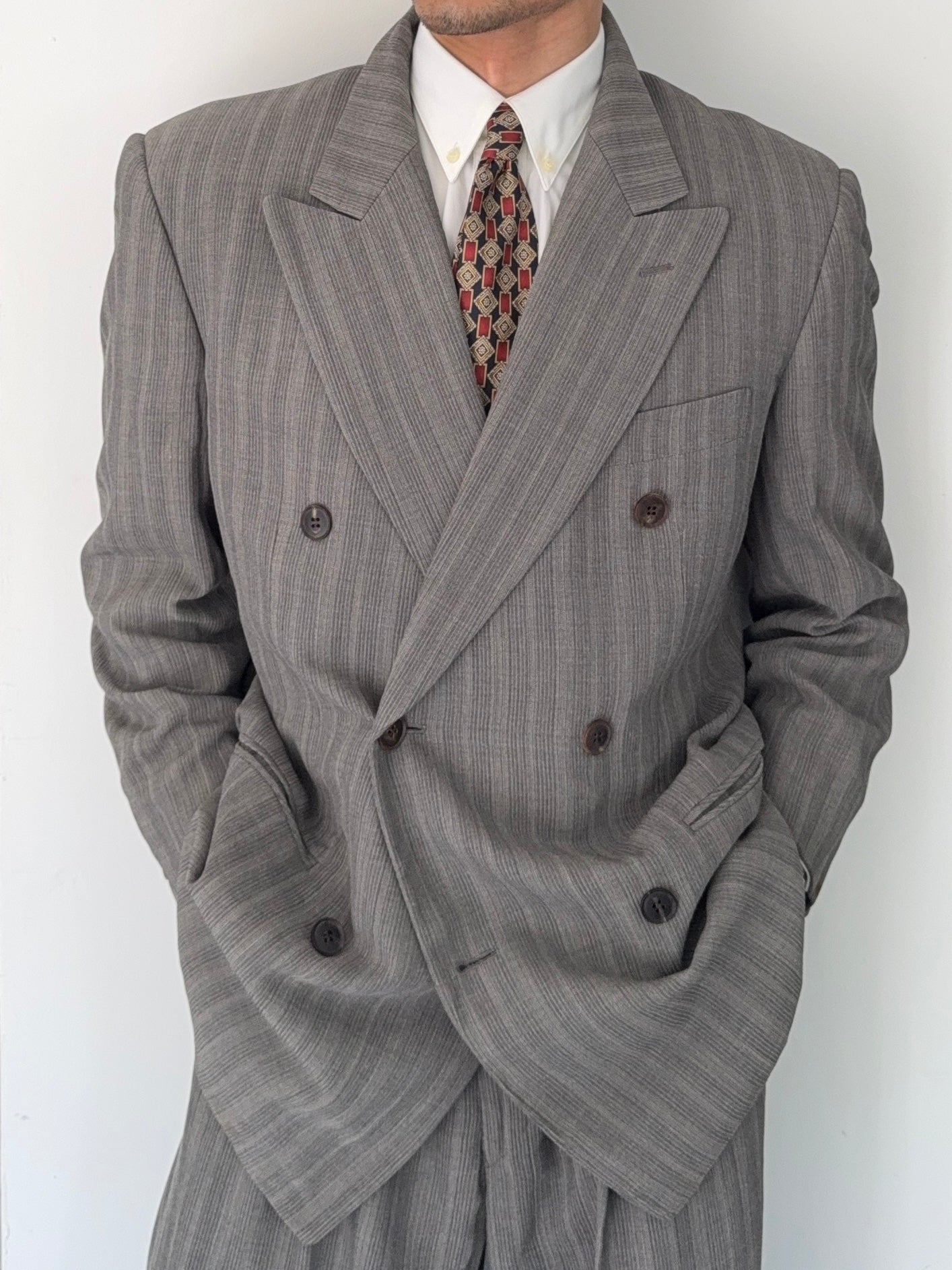 Basile 1980s Peaked Lapel Double Breasted Pleated Textured Wool Suit - Size M Jacket / 31" Waist