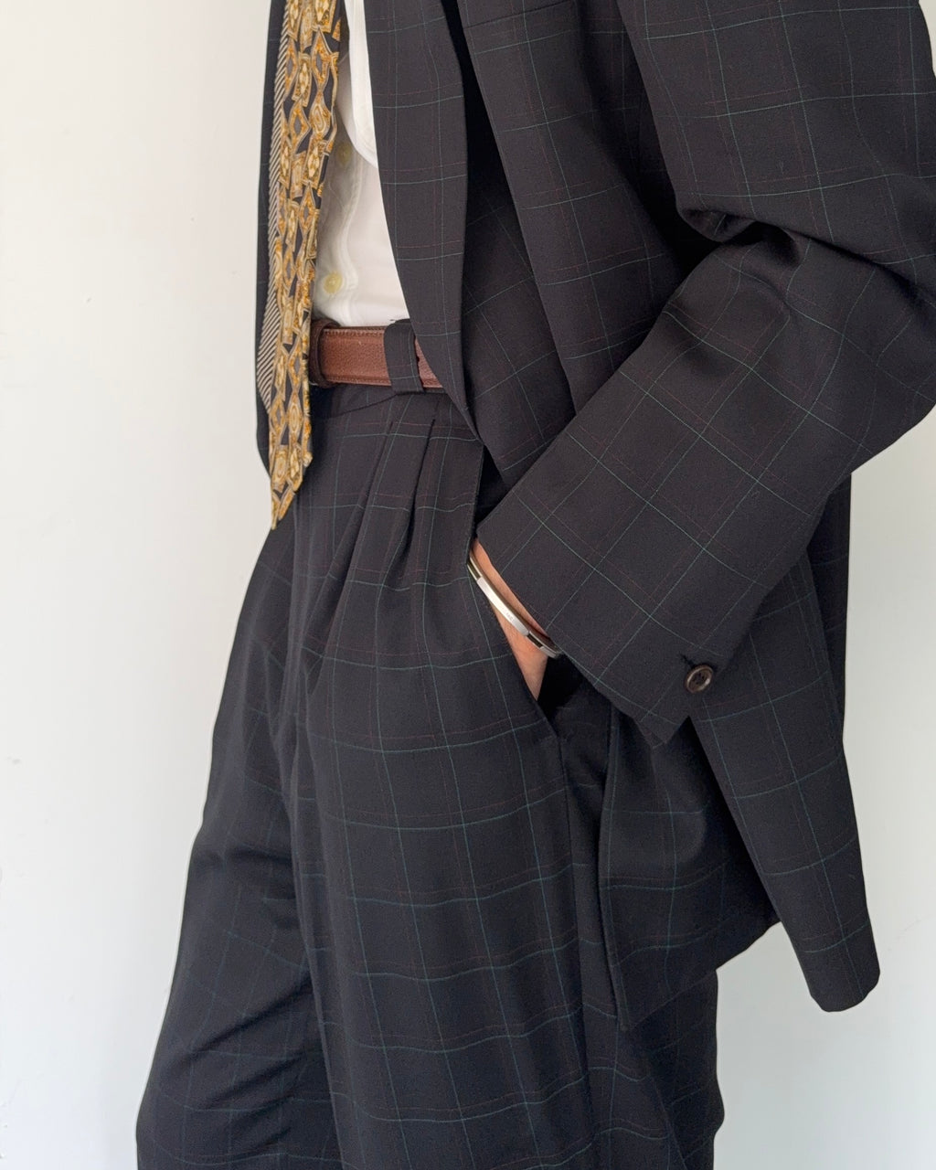 Versace 1980s Notch Lapel Double Breasted Pleated Wool Check Suit Black - Size M Jacket / 32" Waist