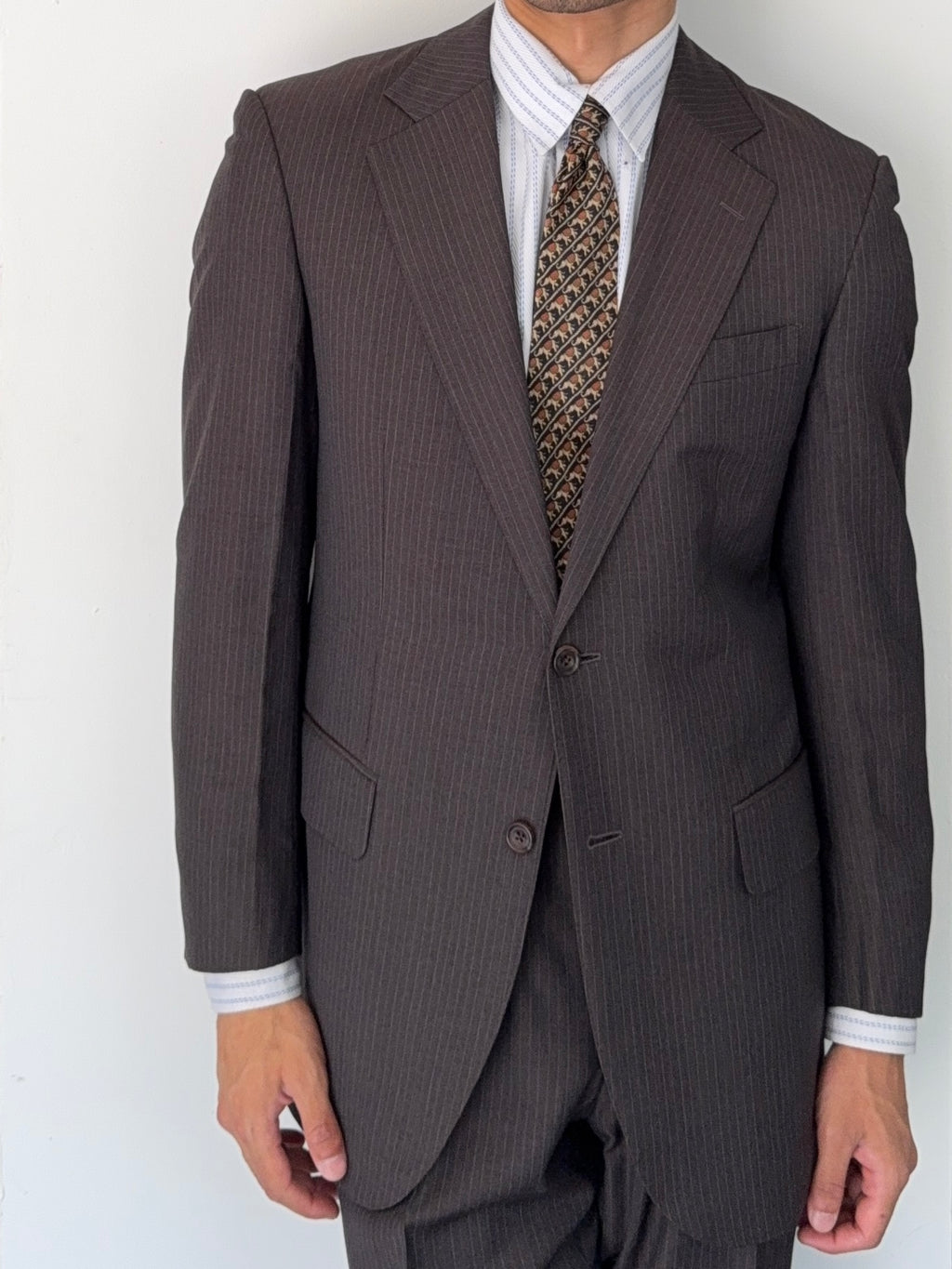 Burberry 1990s 2B Striped Wool Double-Pleat Espresso Grey Suit - Size M Jacket / 33" Waist