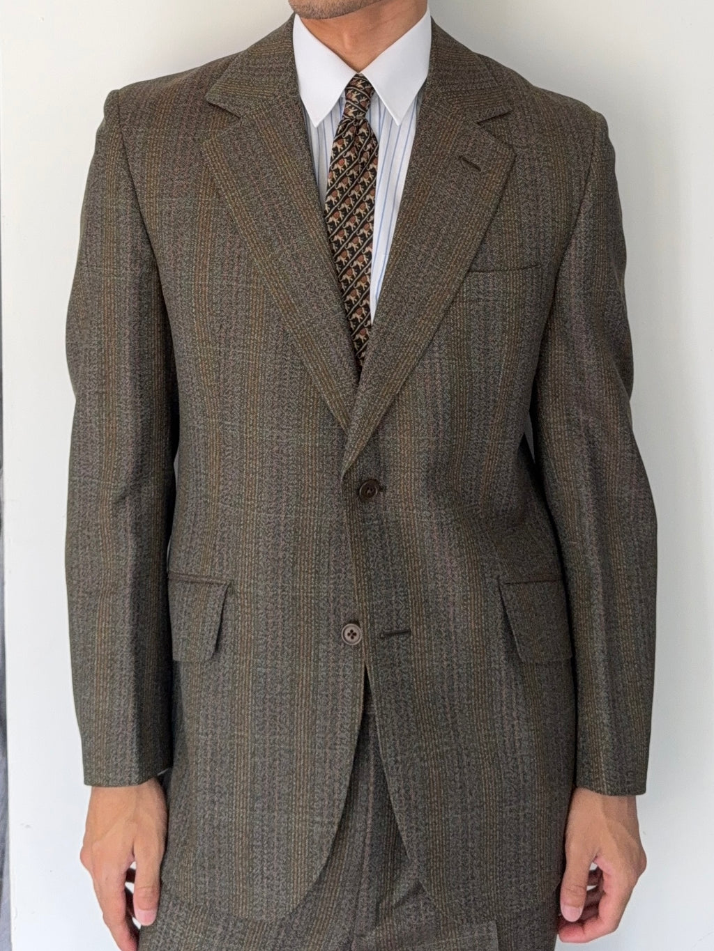 Vintage 1980s 2B Wool Textured Green Brown Suit - Size M Jacket / 32" Waist