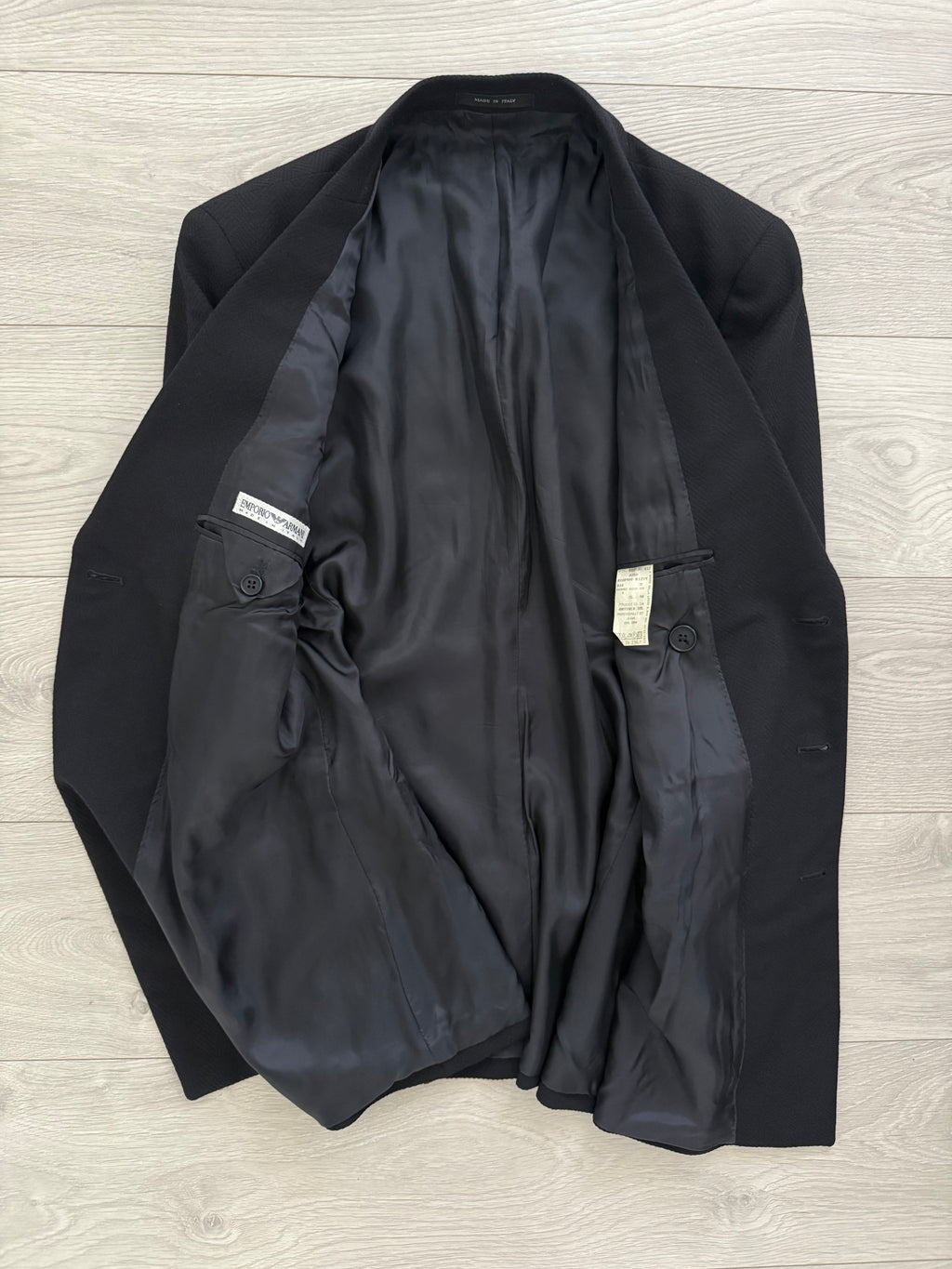 Emporio Armani 1990s 6B Peaked Lapel Double Breasted Herringbone Wool Suit Navy - Size S Jacket / 30" Waist