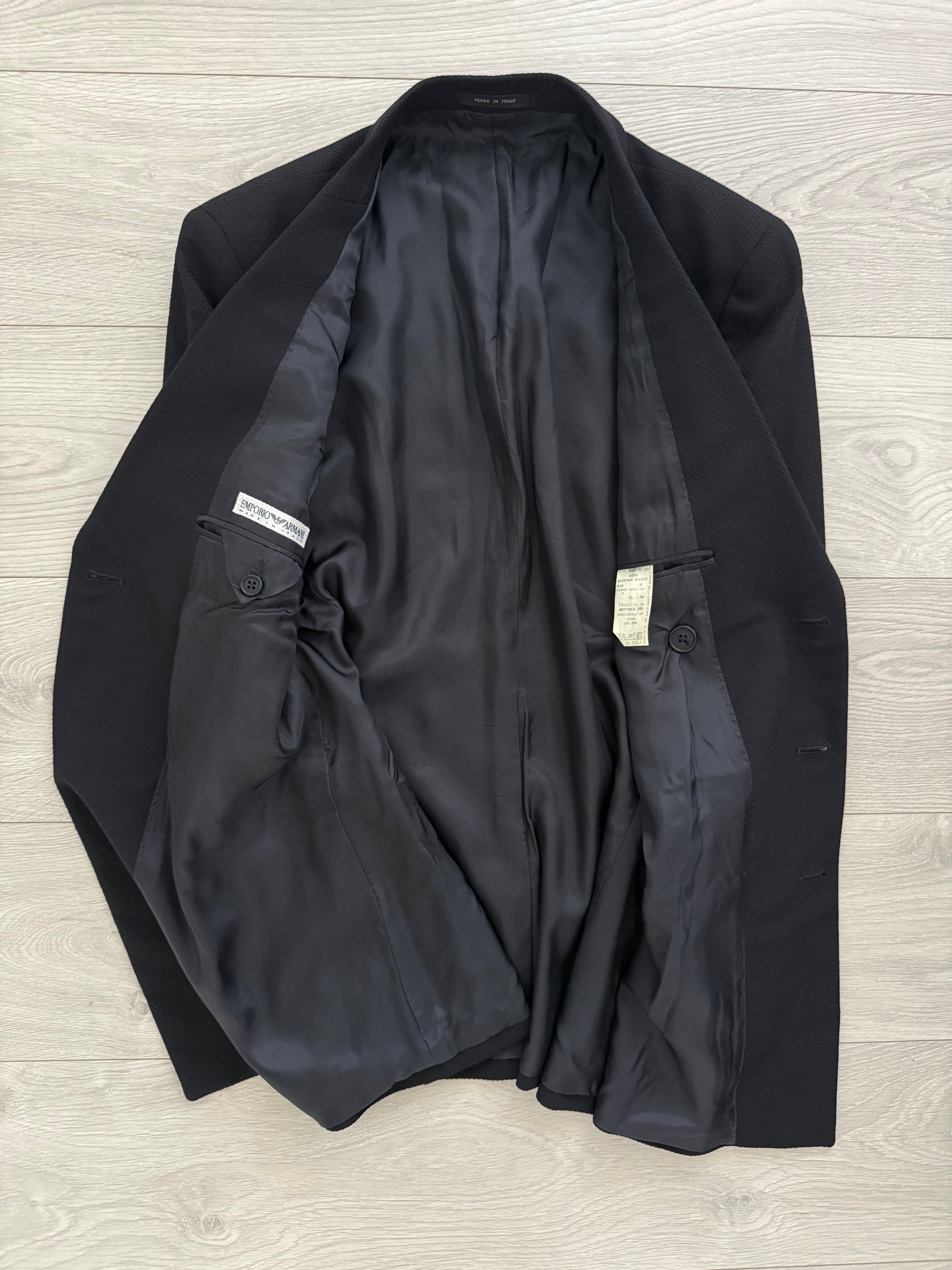 Emporio Armani 1990s 6B Peaked Lapel Double Breasted Herringbone Wool Suit Navy - Size S Jacket / 30" Waist