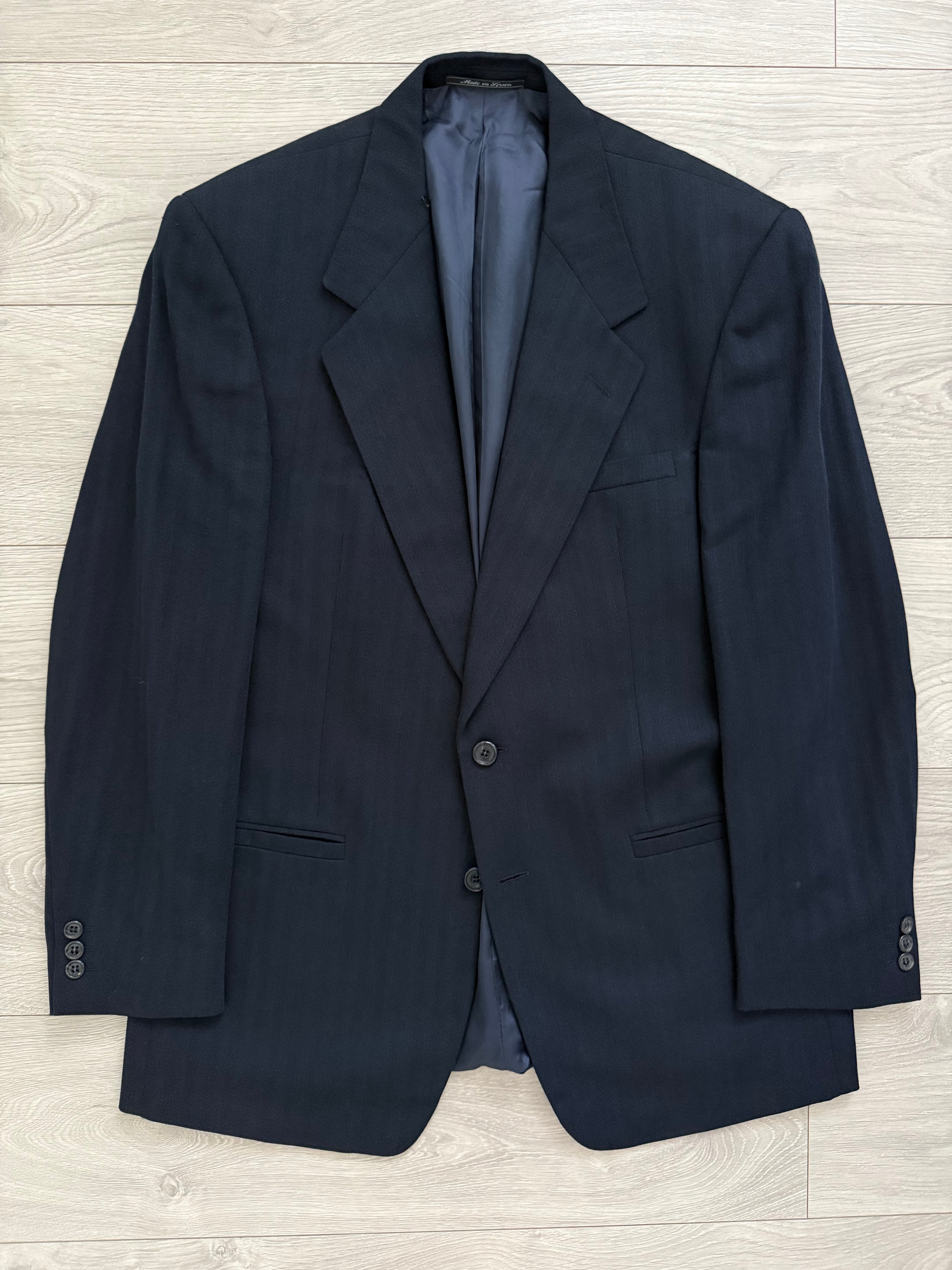 Versace 1980s 2B Double Pleat Herringbone Wool Navy Suit - Size XL Jacket / 36" Waist