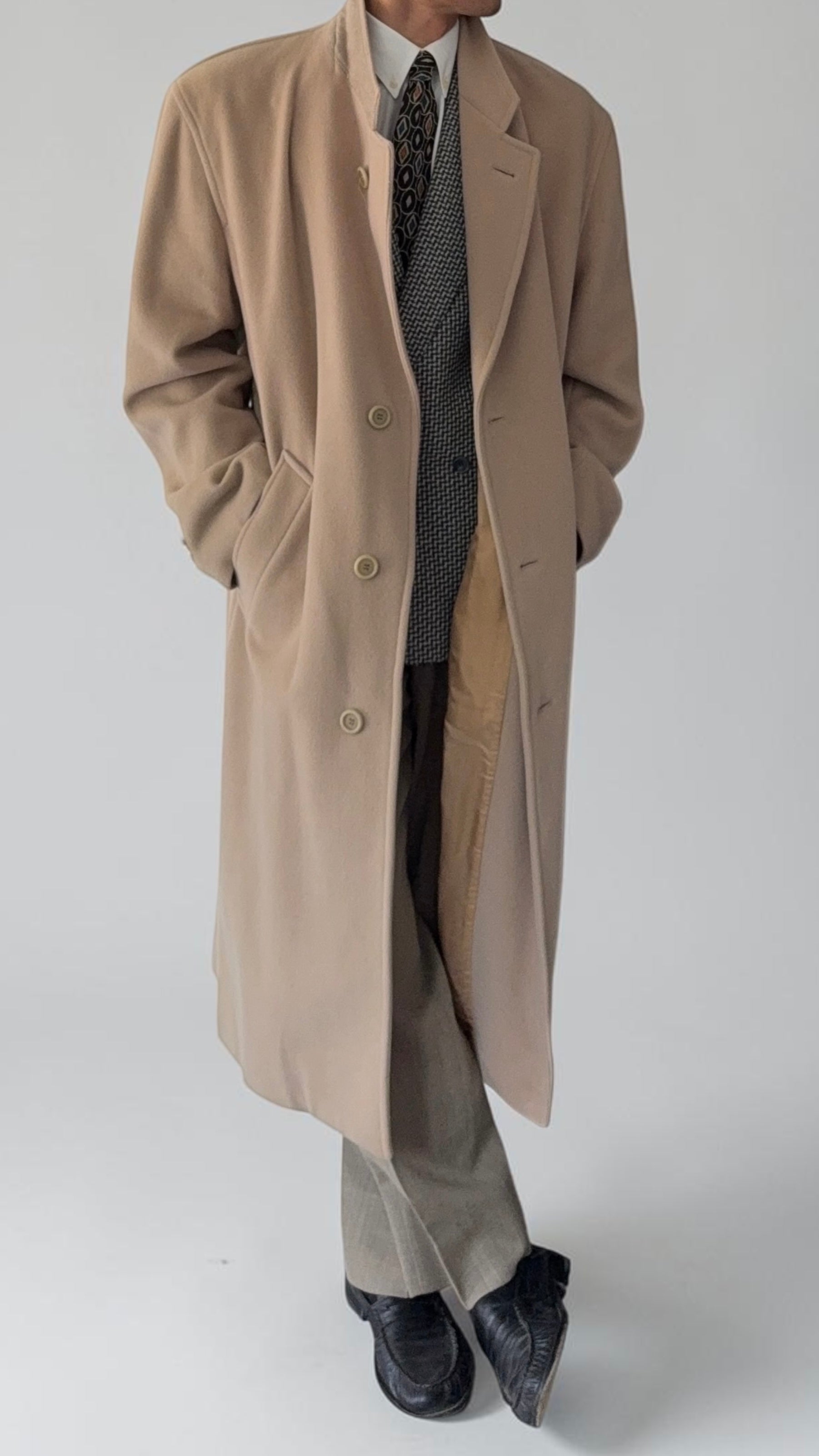 Hugo Boss 1980s 'De Tomaso' Wool Overcoat Cream - Size XL
