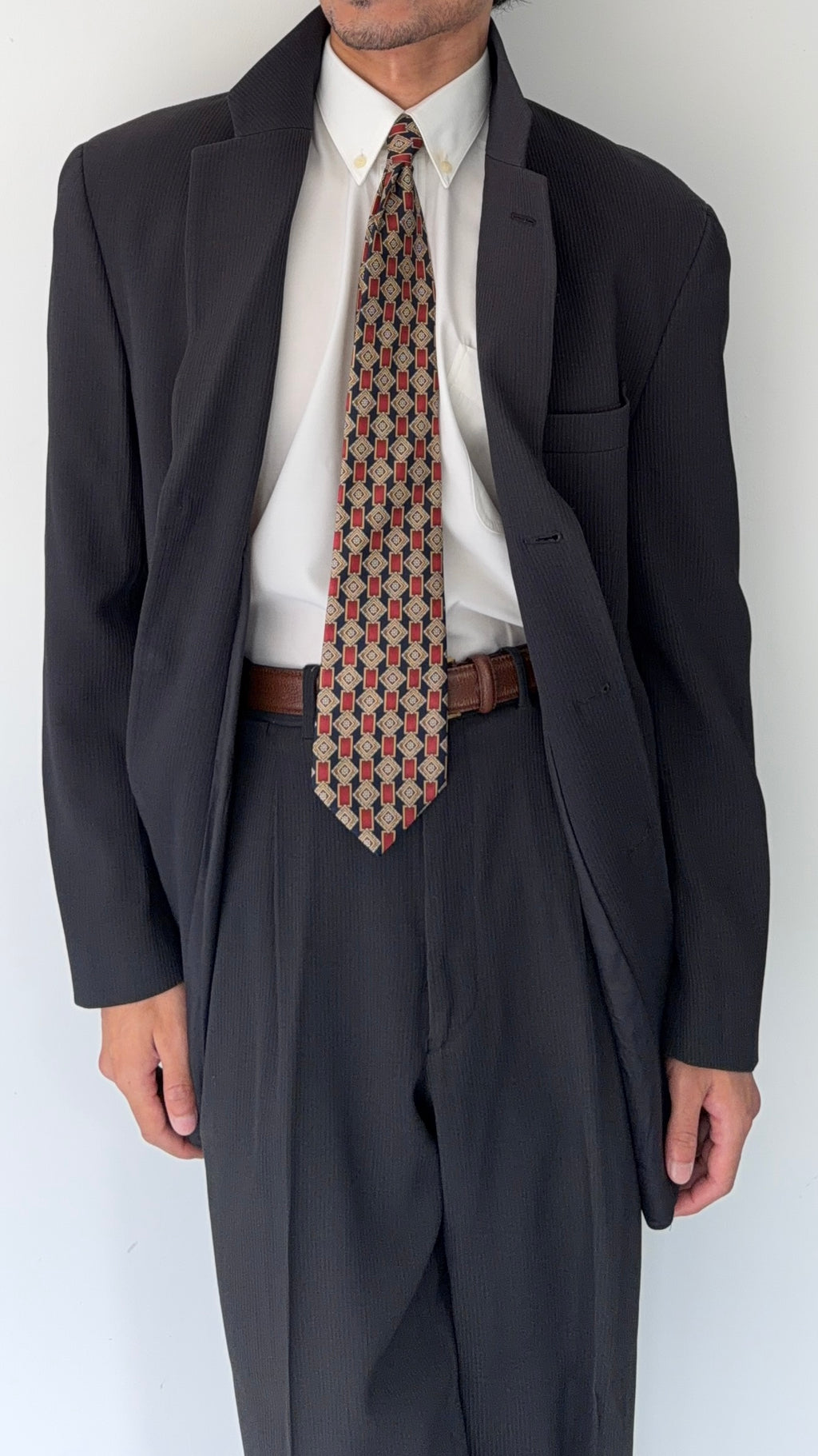 Emporio Armani 1990s 3B Double Pleat Ribbed Weave Draped Wool Suit - Size L Jacket / 34" Waist