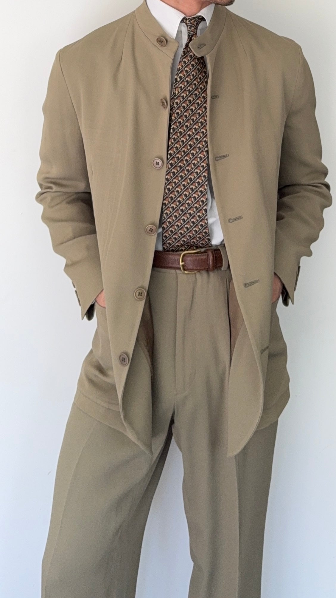 Emporio Armani AW1995 Nehru Collar Draped Khaki Taupe Suit - Size S Jacket / 30" Waist