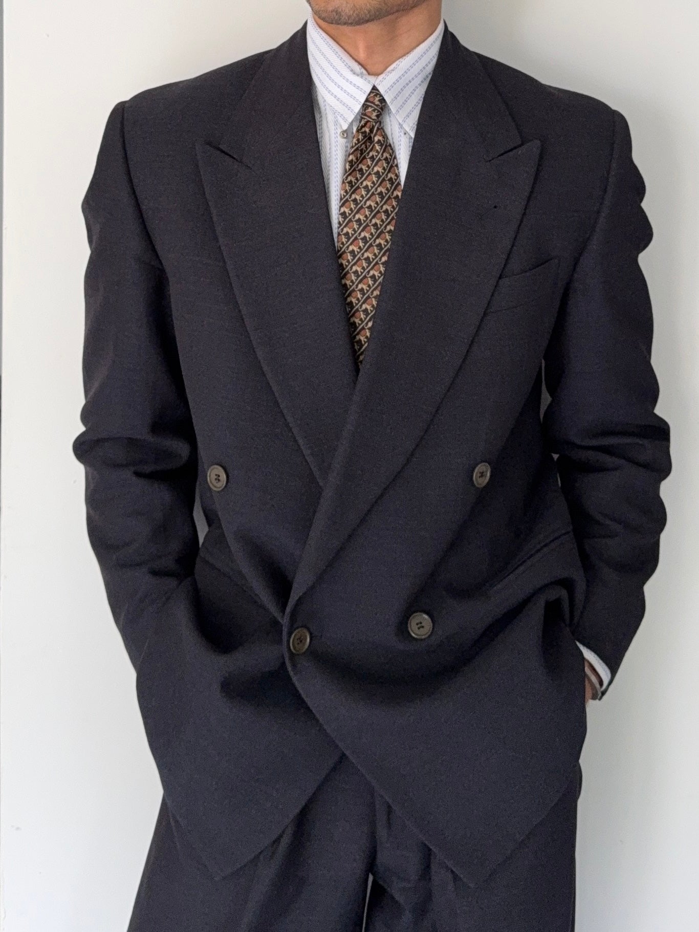 Krizia Armani 1990s Peaked Lapel Double Breasted Pleated Wool Suit Navy - Size M Jacket / 31" Waist