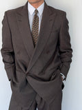 Burberry 1990s Peak Lapel Double Breasted Pleated Textured Brown Suit - Size M Jacket / 32" Waist