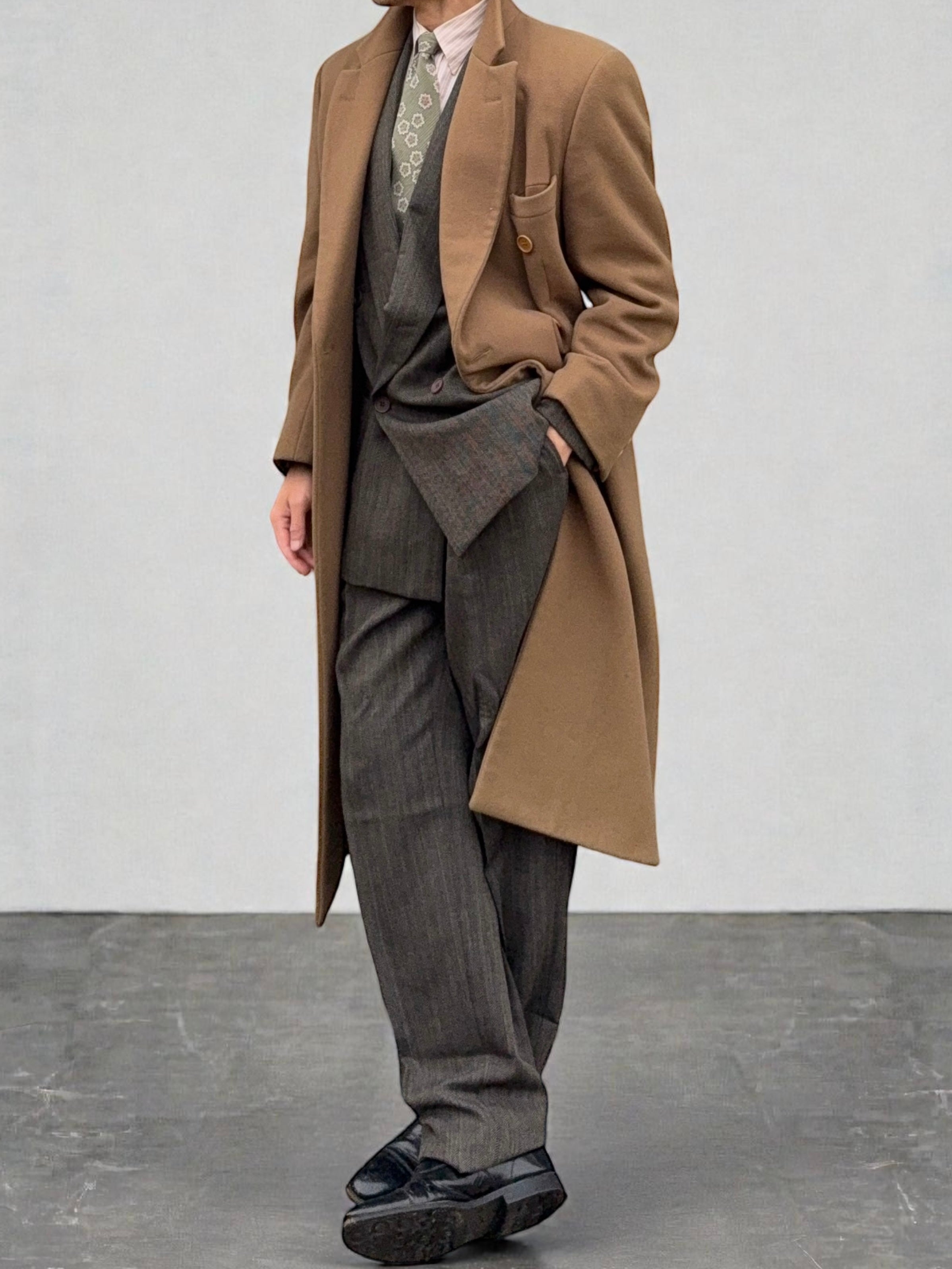 Emporio Armani 1990s Peaked Lapel Double-Breasted Relaxed Long Wool Coat - Size M