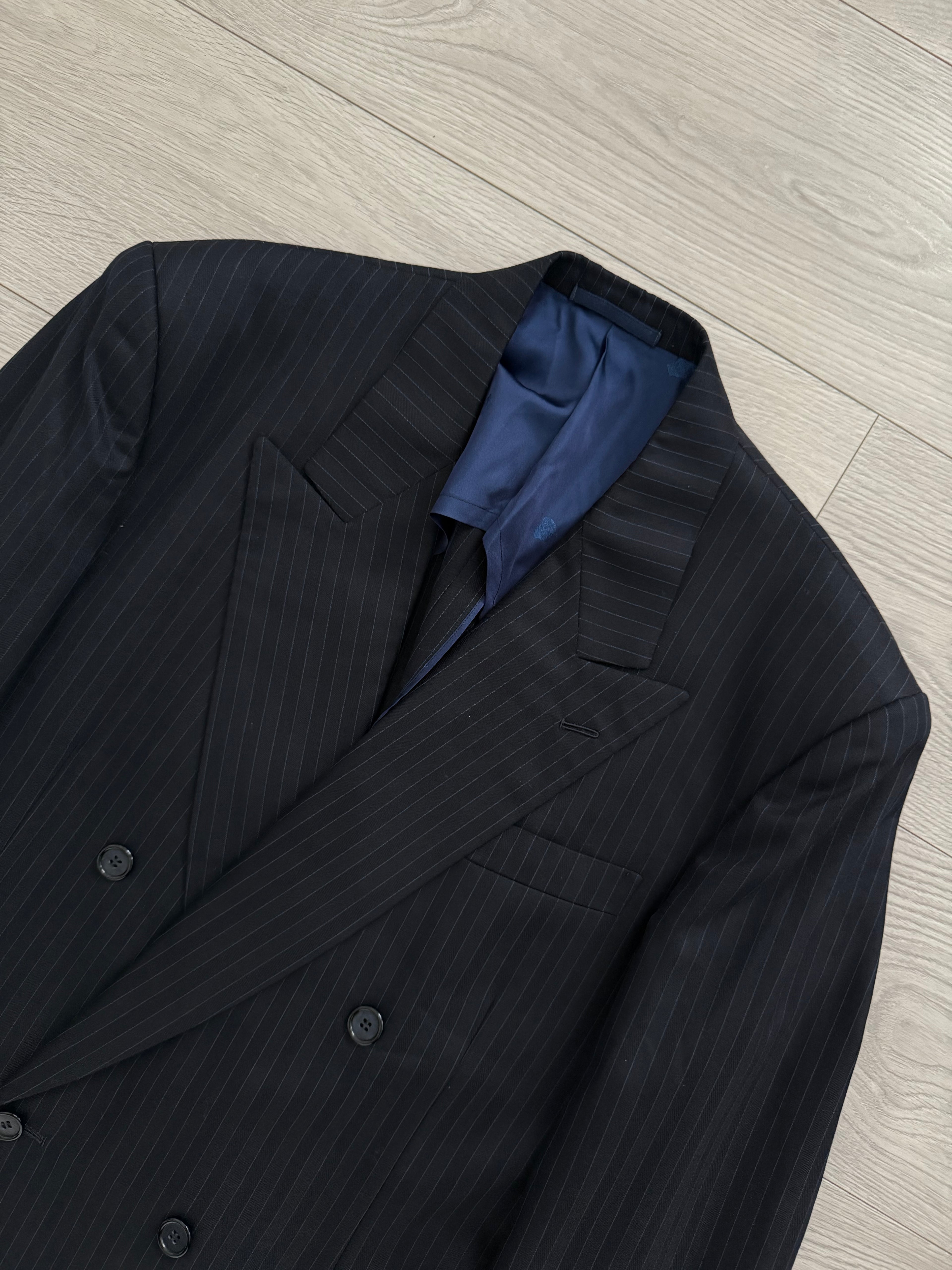 Yves Saint Laurent 1990s Double Breasted Pleated Striped Wool Navy Suit - Size M Jacket / 30" Waist