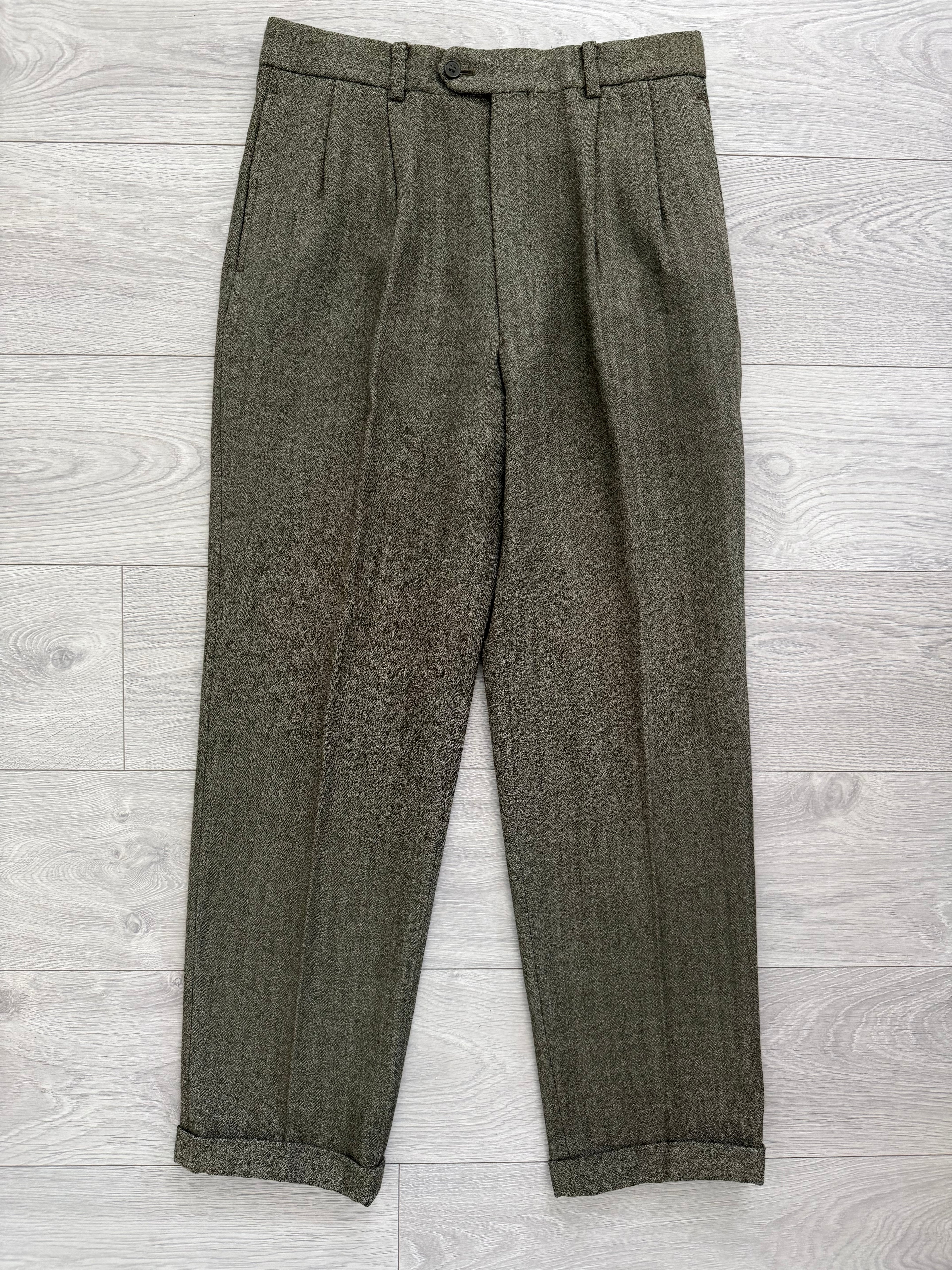 Calvin Klein 1990s 2B Herringbone Wool Double Pleat Suit Khaki Green - Size M Jacket / 32" Waist