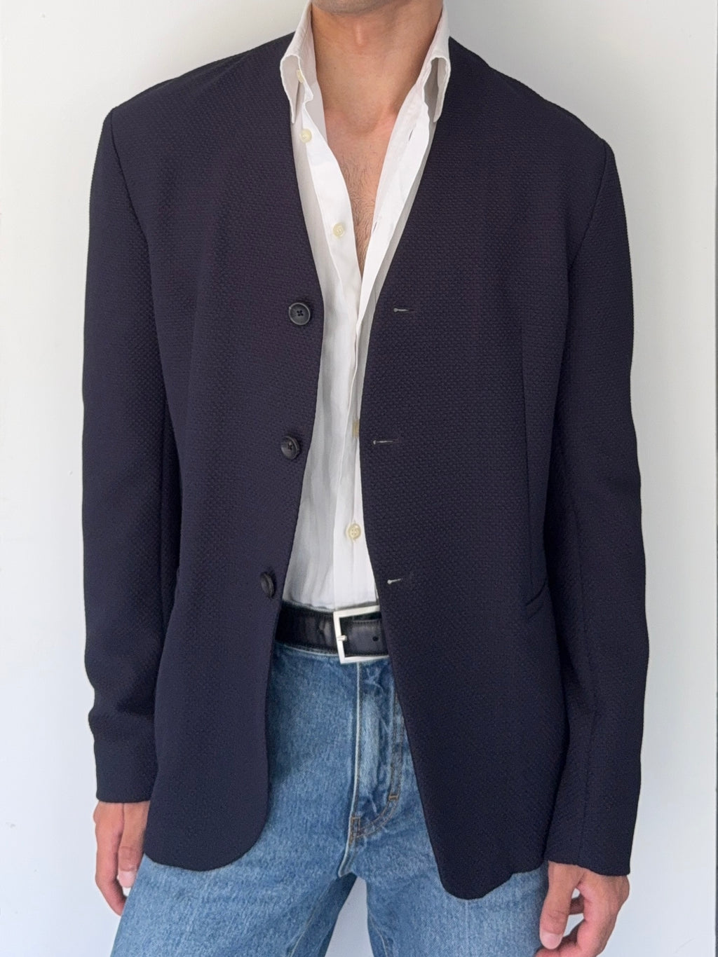 Armani 2000s Collarless Textured Sports Jacket Blazer - Size L