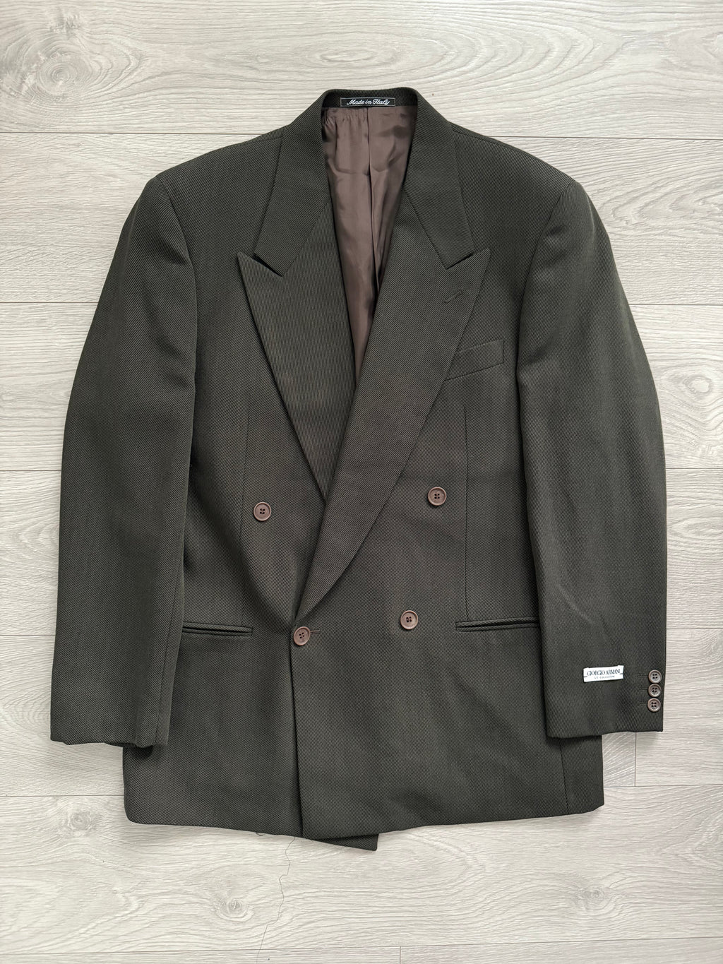 Giorgio Armani 1980s Double Breasted Pleated Wool Suit Forest Green New - Size L Jacket / 32" Waist `