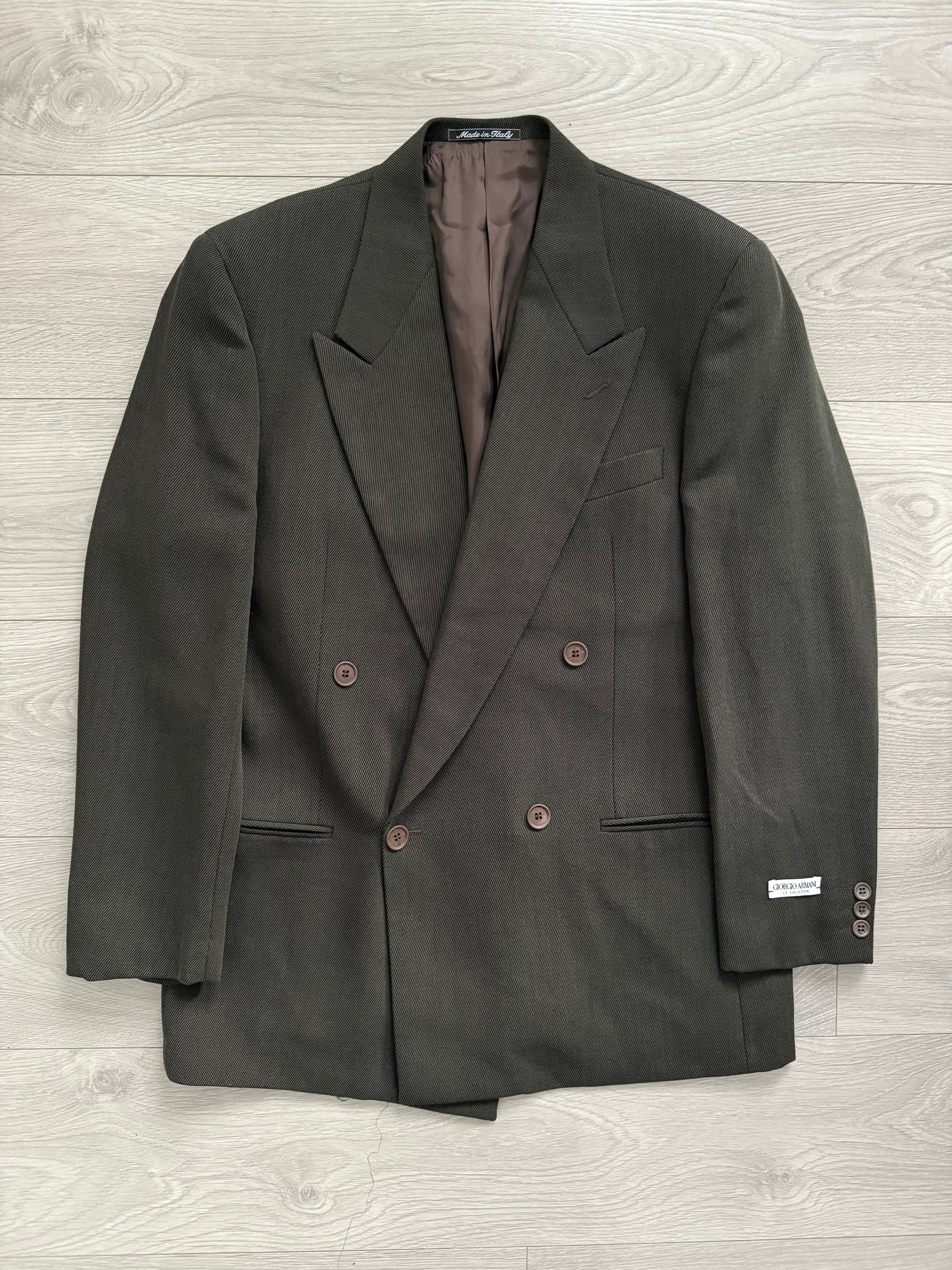 Giorgio Armani 1980s Double Breasted Pleated Wool Suit Forest Green New - Size L Jacket / 32" Waist `