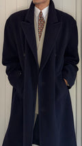 Hugo Boss 1980s 'Yamaha' Peaked Lapel Navy Wool Overcoat - Size XXL
