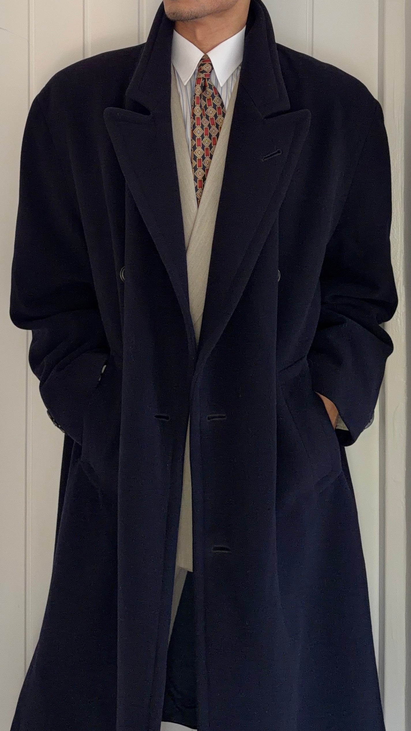 Hugo Boss 1980s 'Yamaha' Peaked Lapel Navy Wool Overcoat - Size XXL