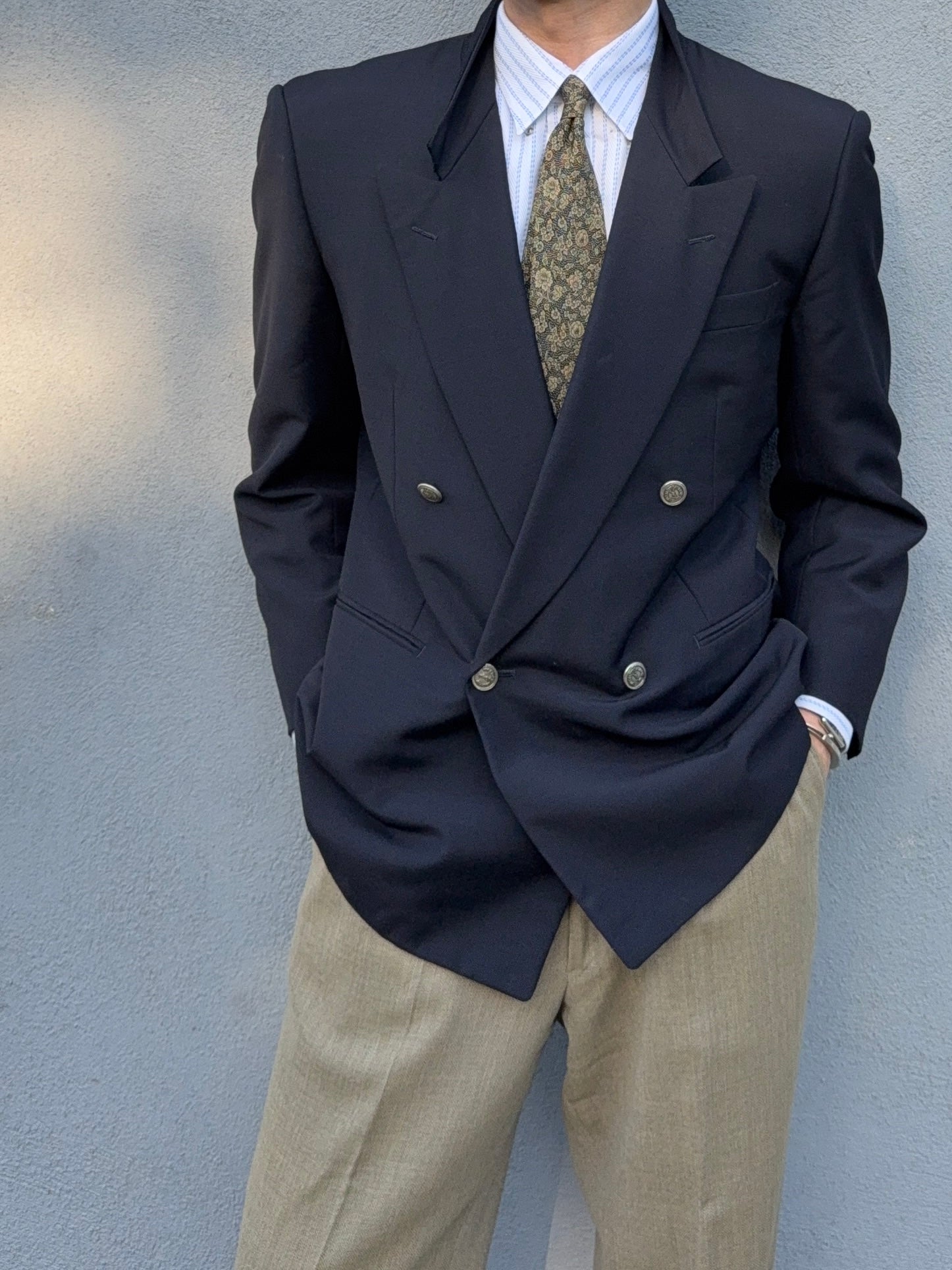 Yves Saint Laurent 1980s Metal Button Double Breasted Peaked Lapel Wool Blazer Jacket Navy - Size S