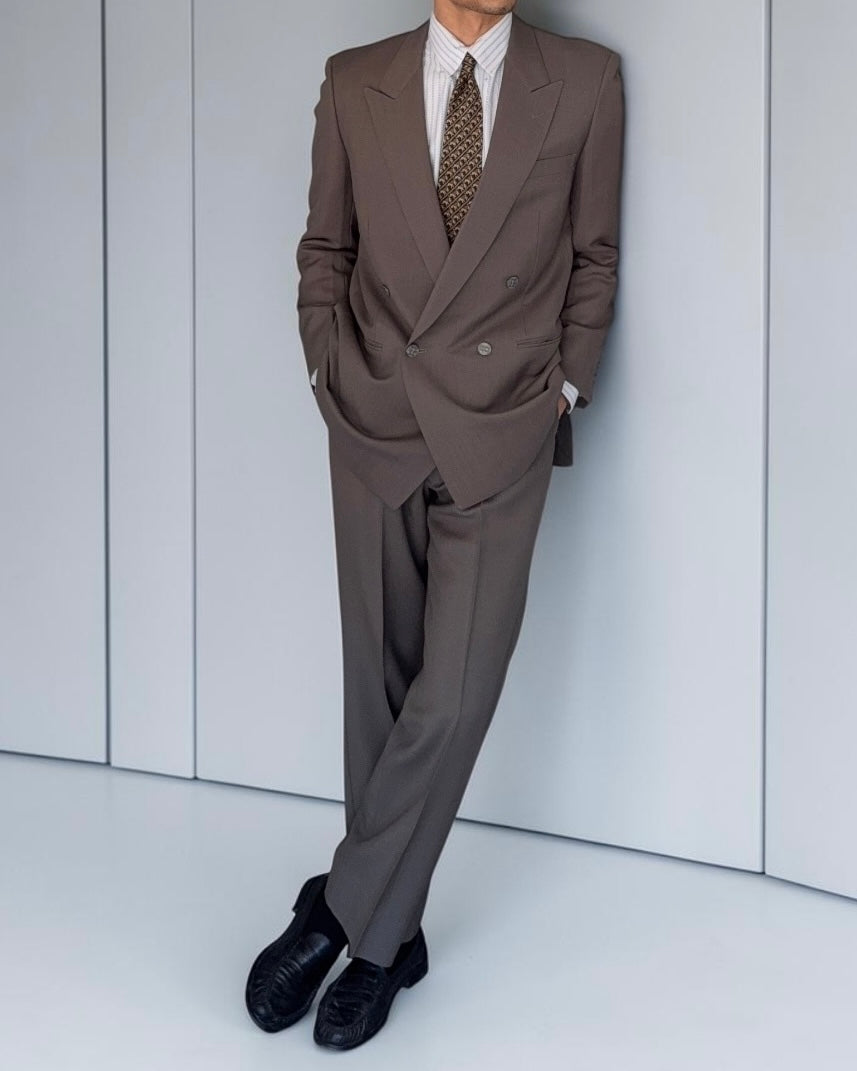Balenciaga 1990s Peaked Lapel Double Breasted Metal Button Wool Khaki Suit - Size M Jacket / 36" Waist