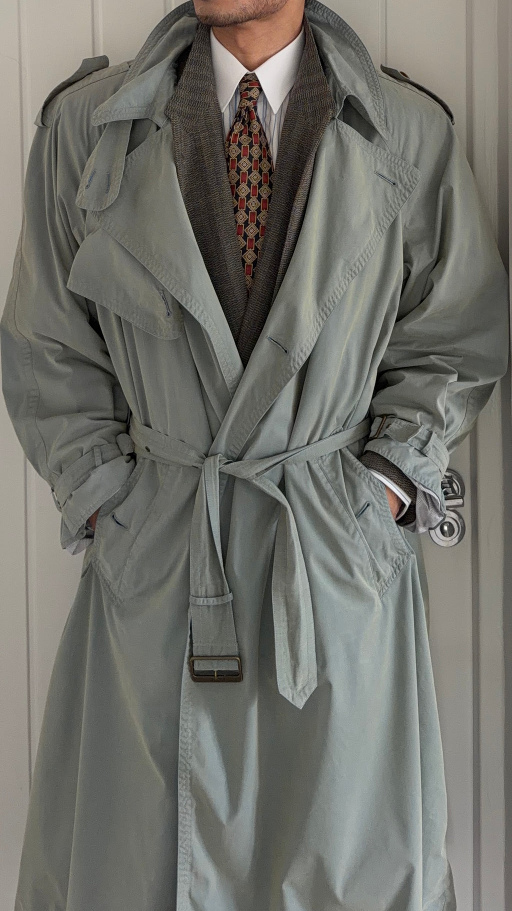 Hugo Boss 1980s Wool Cotton Steel Blue Trench Coat - Size L