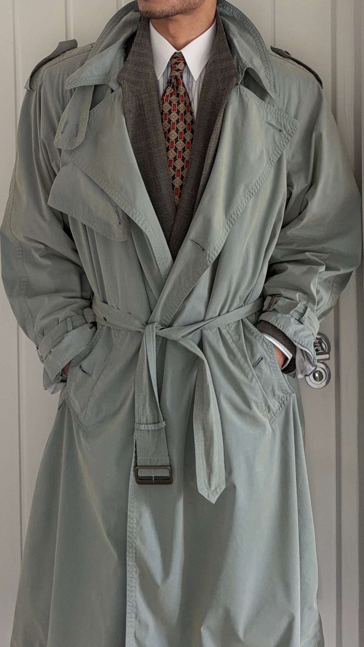 Hugo Boss 1980s Wool Cotton Steel Blue Trench Coat - Size L