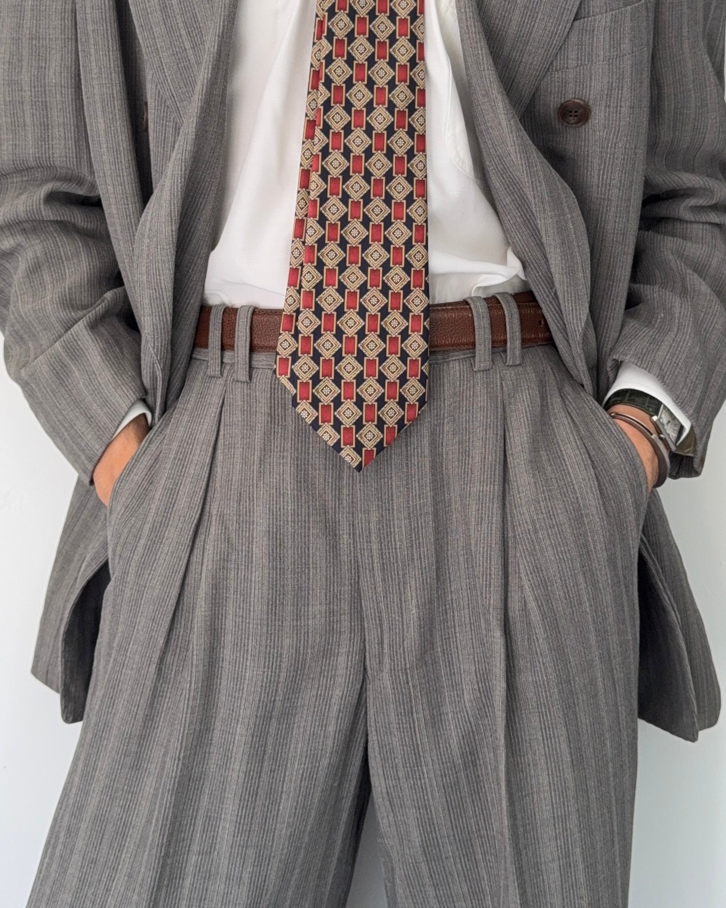 Basile 1980s Peaked Lapel Double Breasted Pleated Textured Wool Suit - Size M Jacket / 31" Waist
